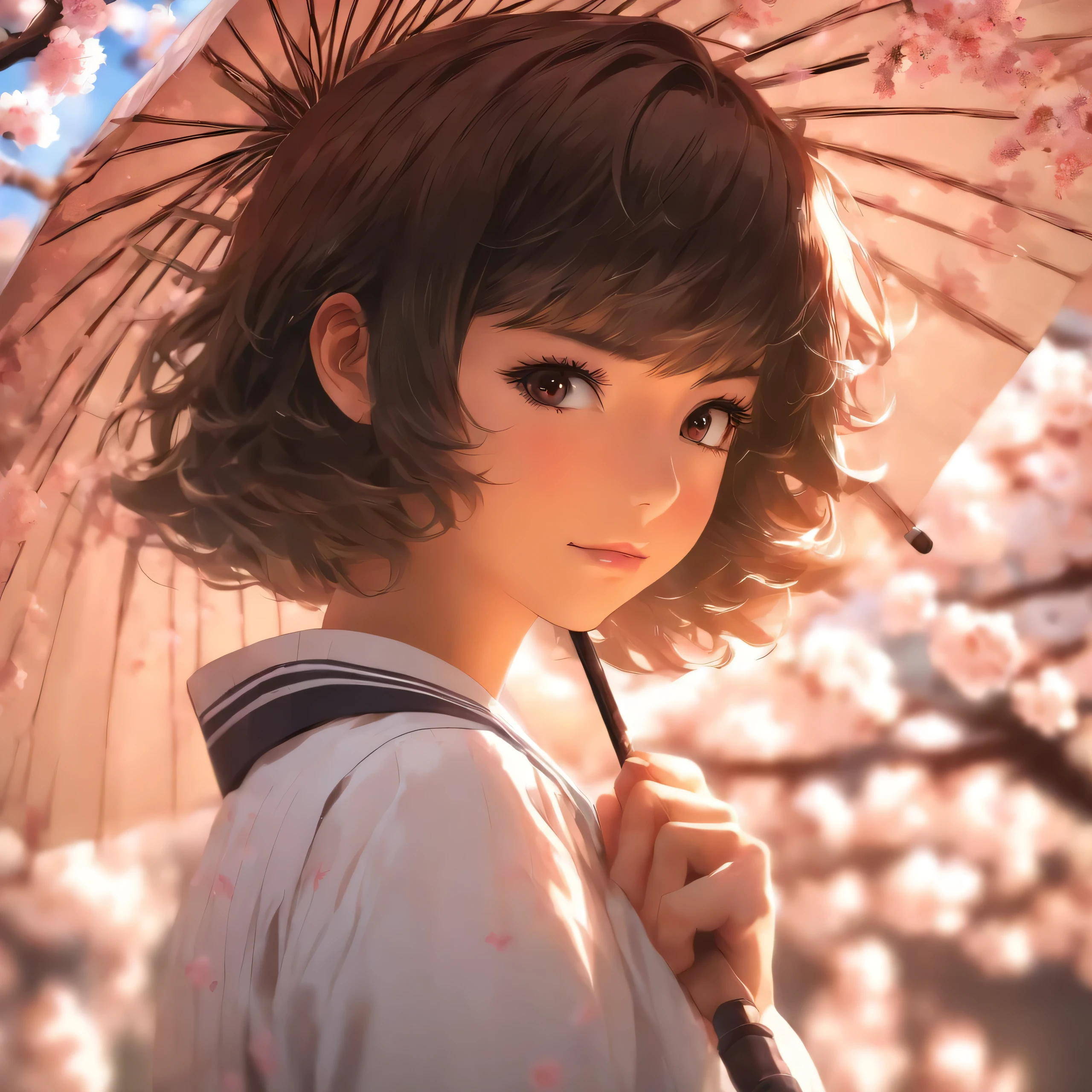 nakahara misaki, 1girl, solo, short hair, black hair, brown eyes, black eyes nakahara misaki, 1girl, solo, short hair, black hair, brown eyes, black eyes, looking at viewer, :o, blush, school uniform, white jacket, white umbrella, holding umbrella, cherry blossoms, portrait, close-up, (from side:0.6)