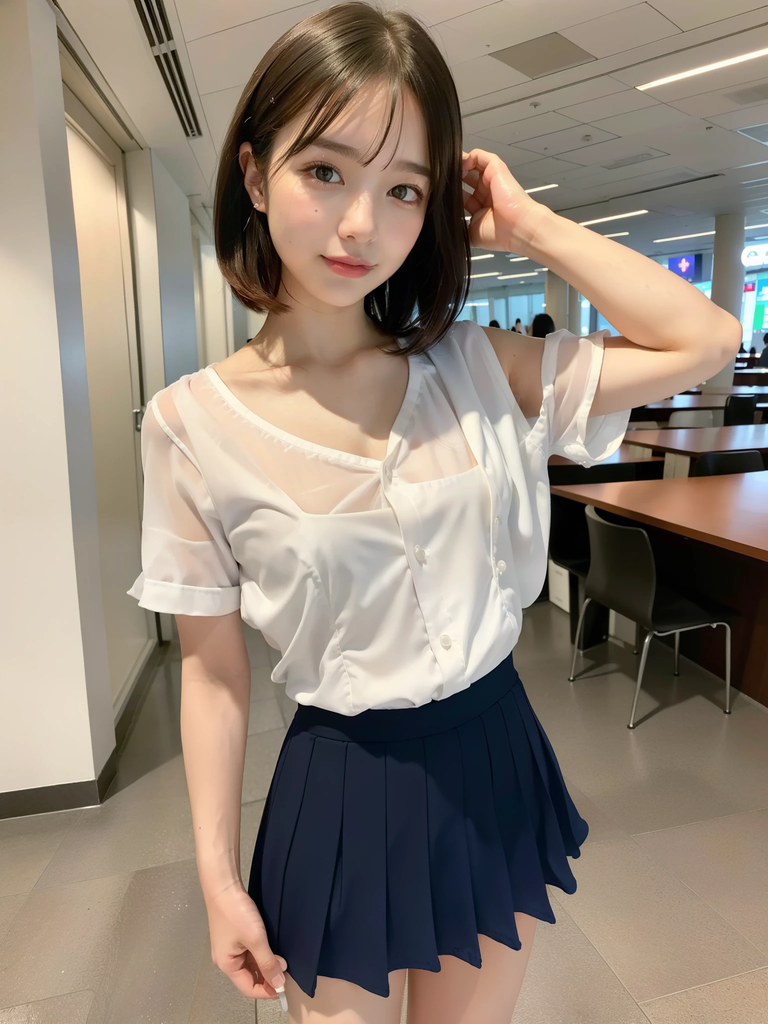 ((Best of the highest quality, 8k, Masterpiece: 1.3, raw photo)), Sharp focus: 1.2, (1 AESPA girl: 1.1), (Solo: 1.18), (realistic, photo-realistic:1.37), face focus, cute face, (Small breasts, flat chest, Thigh: 1.3), short messy hair, naked, (chiffon office uniform skirt: 1.1), airport, terminal,