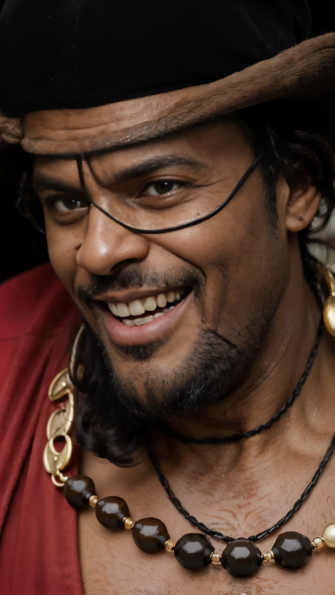 (masterpiece), (realistic), (ultra detailed), ( high reest quality), (photorealistic), (perfect face), (perfect anatomy), ((man))), (((male))), ((((fat)))), solo, (((negro:1.2))), ((45 years old))), Marshall D. Teach from one piece, Marshall D. Teach, one piece, long curly hair, wearing a black robe, black beard, wearing a necklace accessory, (((His mouth was wide open in an evil laugh)))