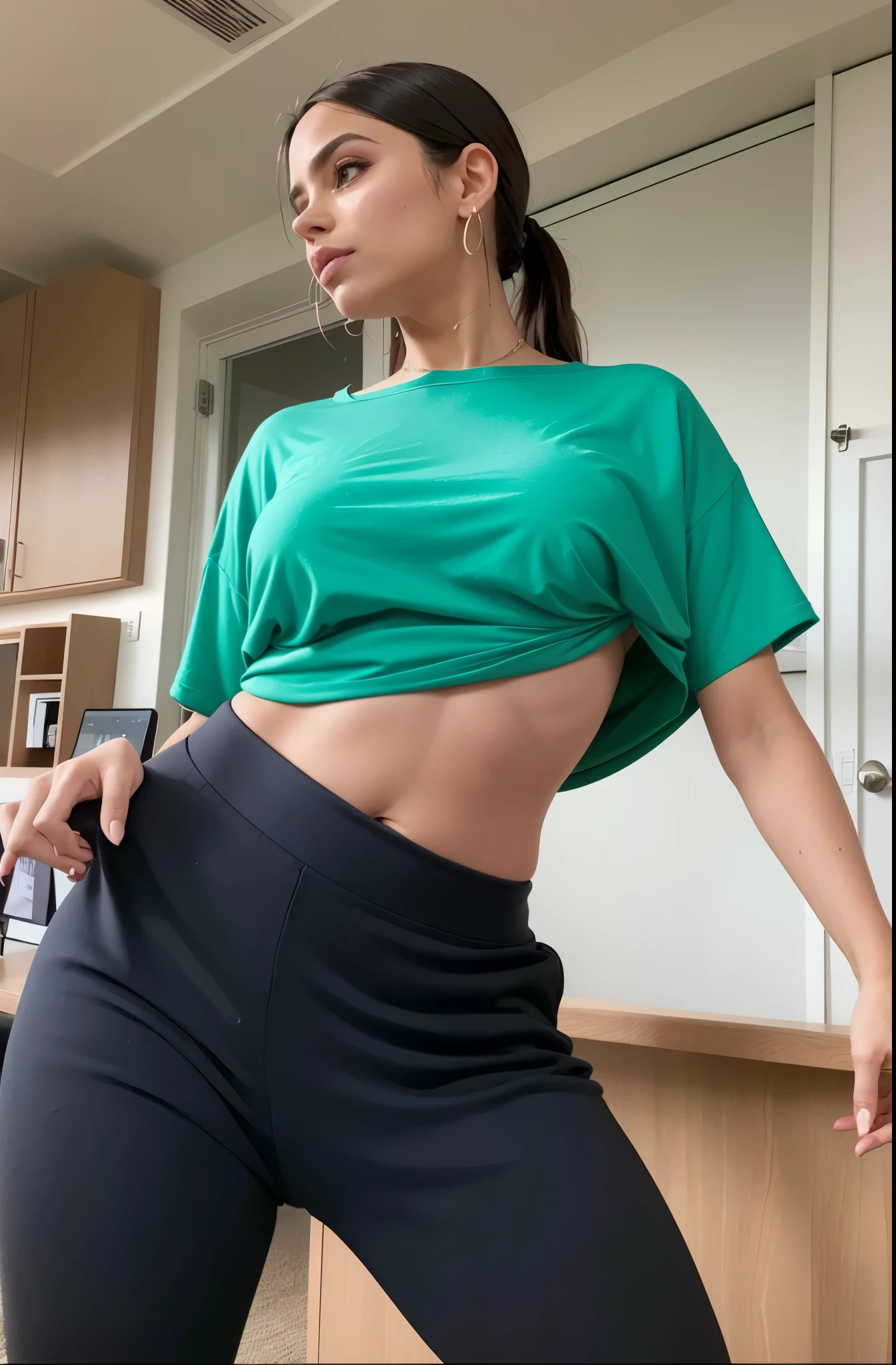 fit woman in green top and black pants dancing, usando um top cropped sexy, com camiseta rasgada, wearing corte superior, vestindo um top cortados, her belly button is exposed, short shirt and strong abdomen, corte superior, corte superior, vestindo um top cortado, wearing a corte superior, barriga exposta, a menor barriga de todos os tempos
