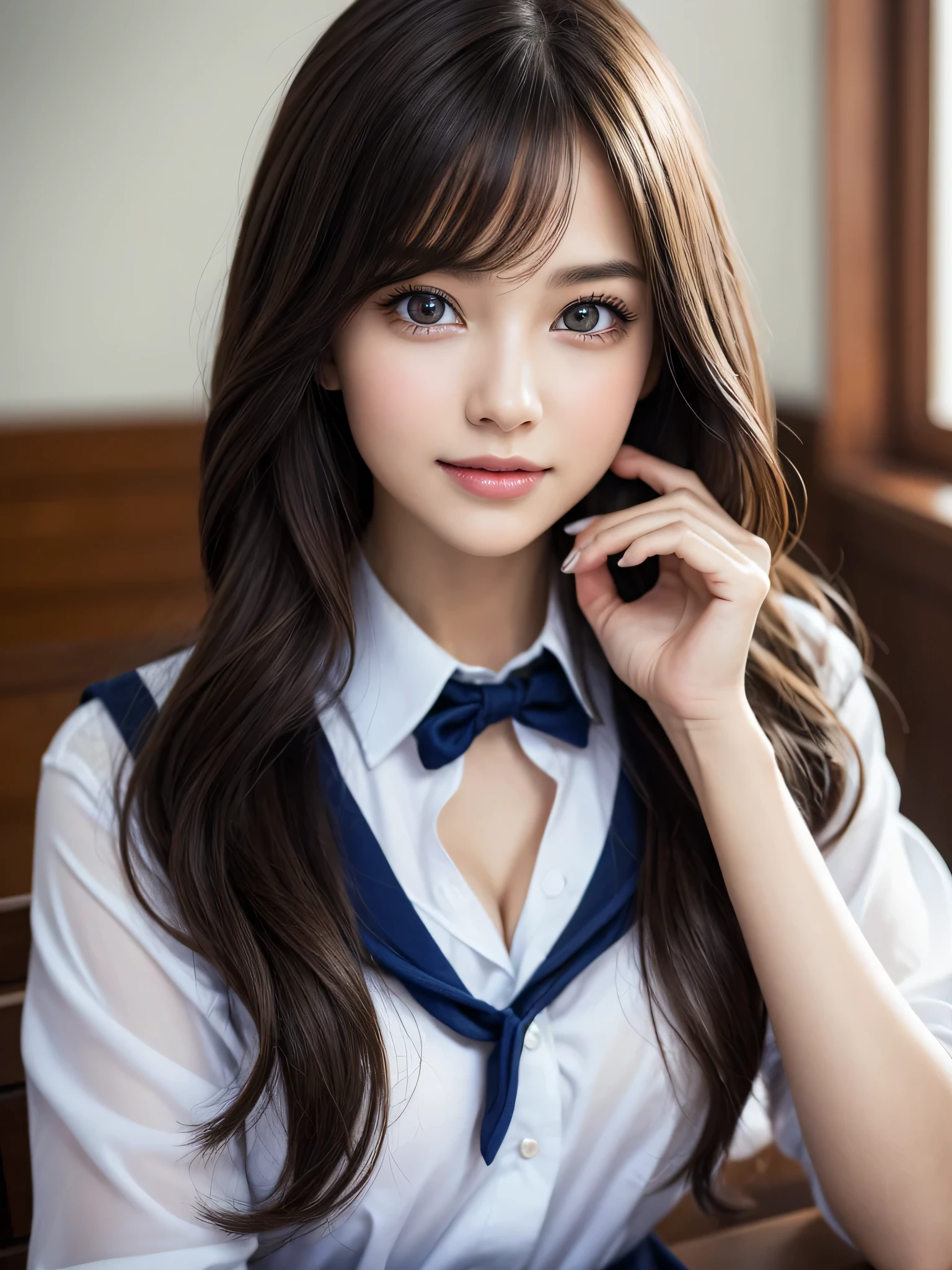 (1 girl), (Ultra realistic), (highly detailed eyes, highly detailed hair, highly detailed face, Highly detailed plump lips), naked, (school uniform:1.3), chest, (cleavage), Upper body, smile, (highest quality:1.4), RAW photo, (realistic, photo-realistic:1.37), professional photography, cinematic light, indoors, 