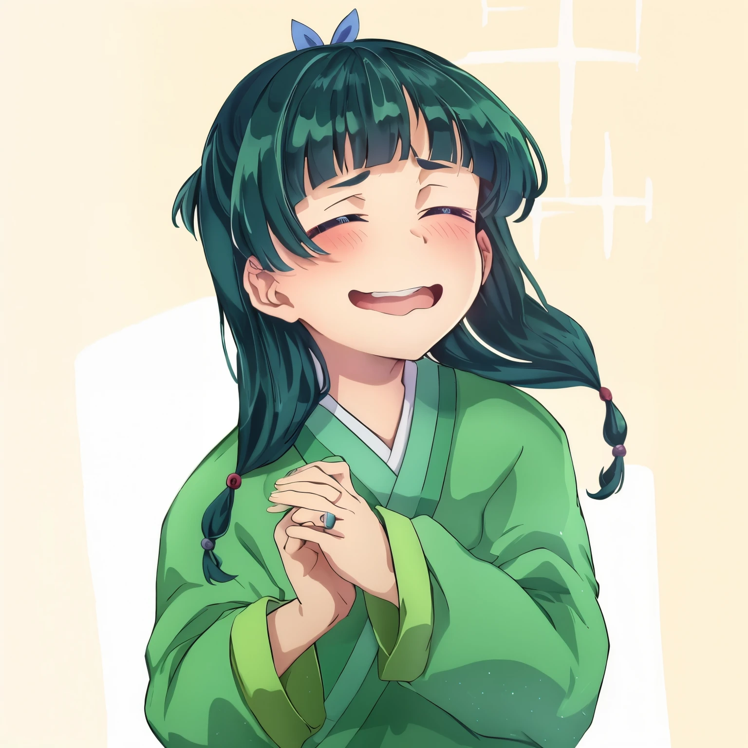 anime girl with green hair and blue eyes in a green kimono, chihiro! fujisaki, anime moe artstyle, demon slayer rui fanart, mitsumayo, iwakura lain, shikamimi, inspired by Rumiko Takahashi, harumi, inspired by Takehisa Yumeji, marin kitagawa fanart, anime style portrait, maomao,1girl,blunt bangs,green hair,long hair,blue eyes,solo,