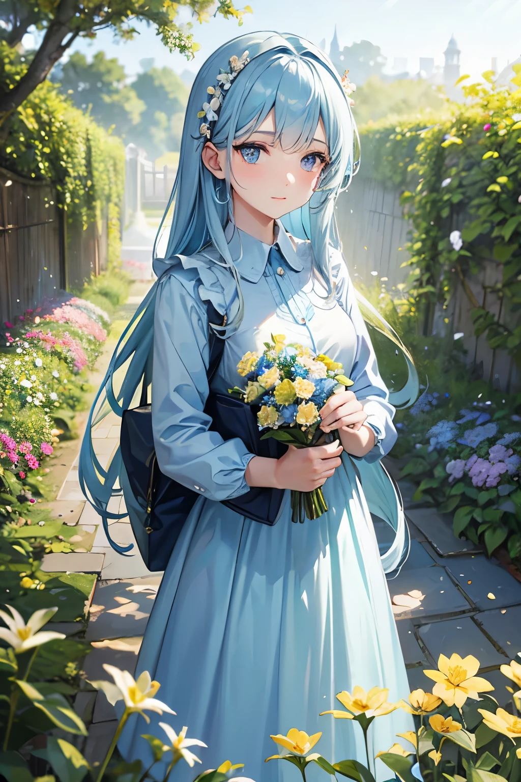 beautiful noble girl in light blue clothes standing in the garden with flowers
