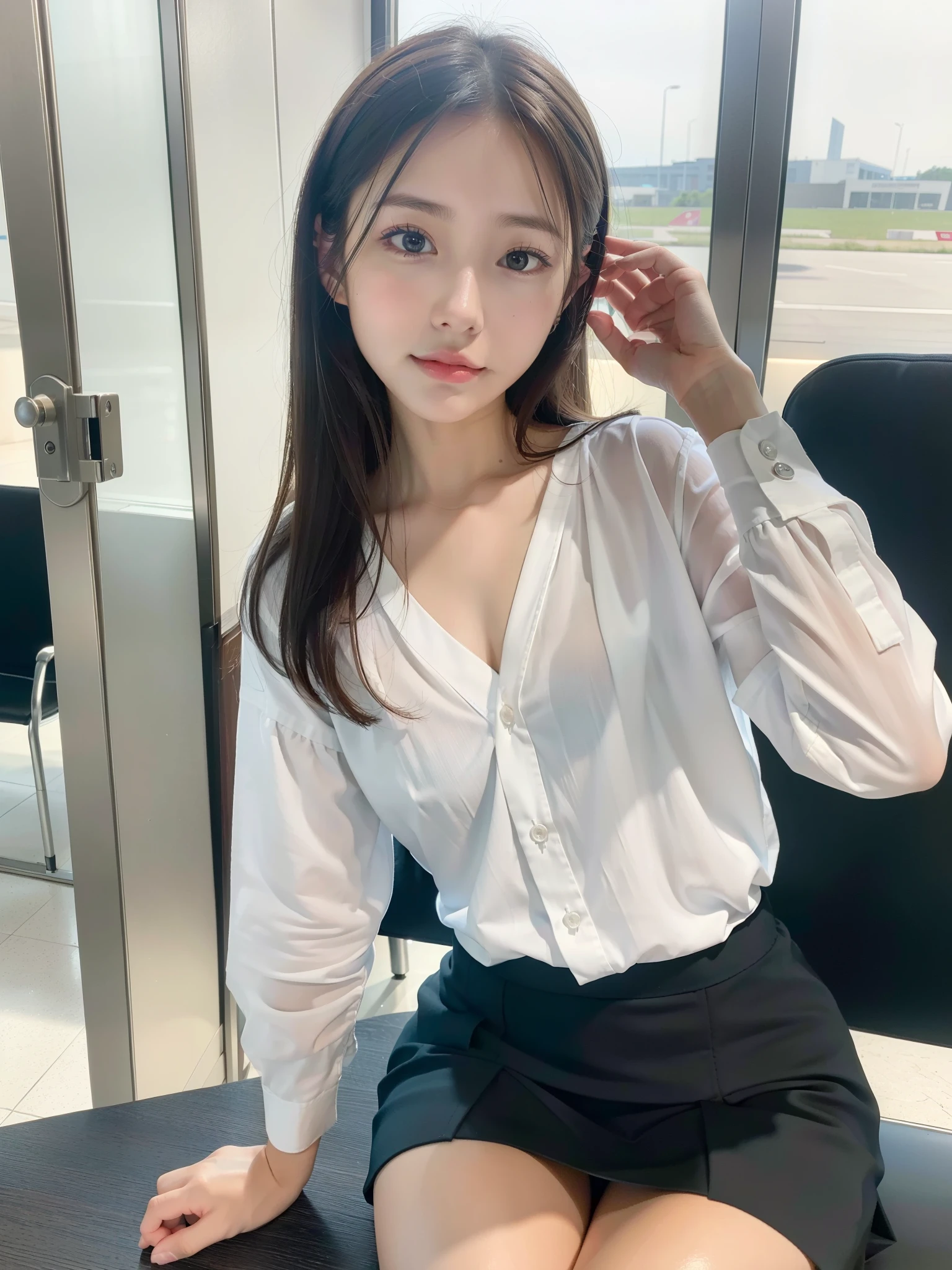 ((Best of the highest quality, 8k, Masterpiece: 1.3, raw photo)), Sharp focus: 1.2, (1 AESPA girl: 1.1), (Solo: 1.18), (realistic, photo-realistic:1.37), face focus, cute face, (Small breasts, flat chest, Thigh: 1.3), short messy hair, (office uniform skirt: 1.1), sitting, airport, terminal,