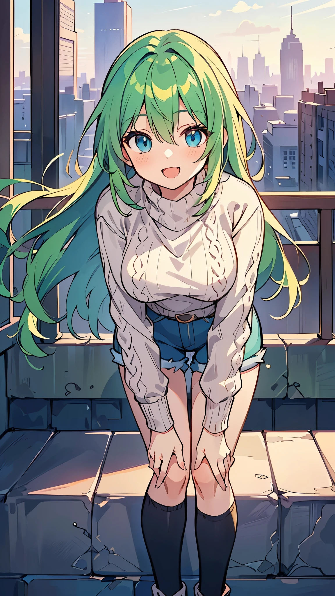 ((A Pretty girl with green hair and blue eyes)), ((Wearing knit sweater and hot pants)), Baby face, ((master piece, top-quality, ultra-definition, high resolution)), anime girl, ((ultra-detailed illust:1.2)), only one person, bangs, hair between eye, beautiful hair, Shiny eyes, Medium breasts, leaning forward posture, Big smile, opened mouth, cityscape