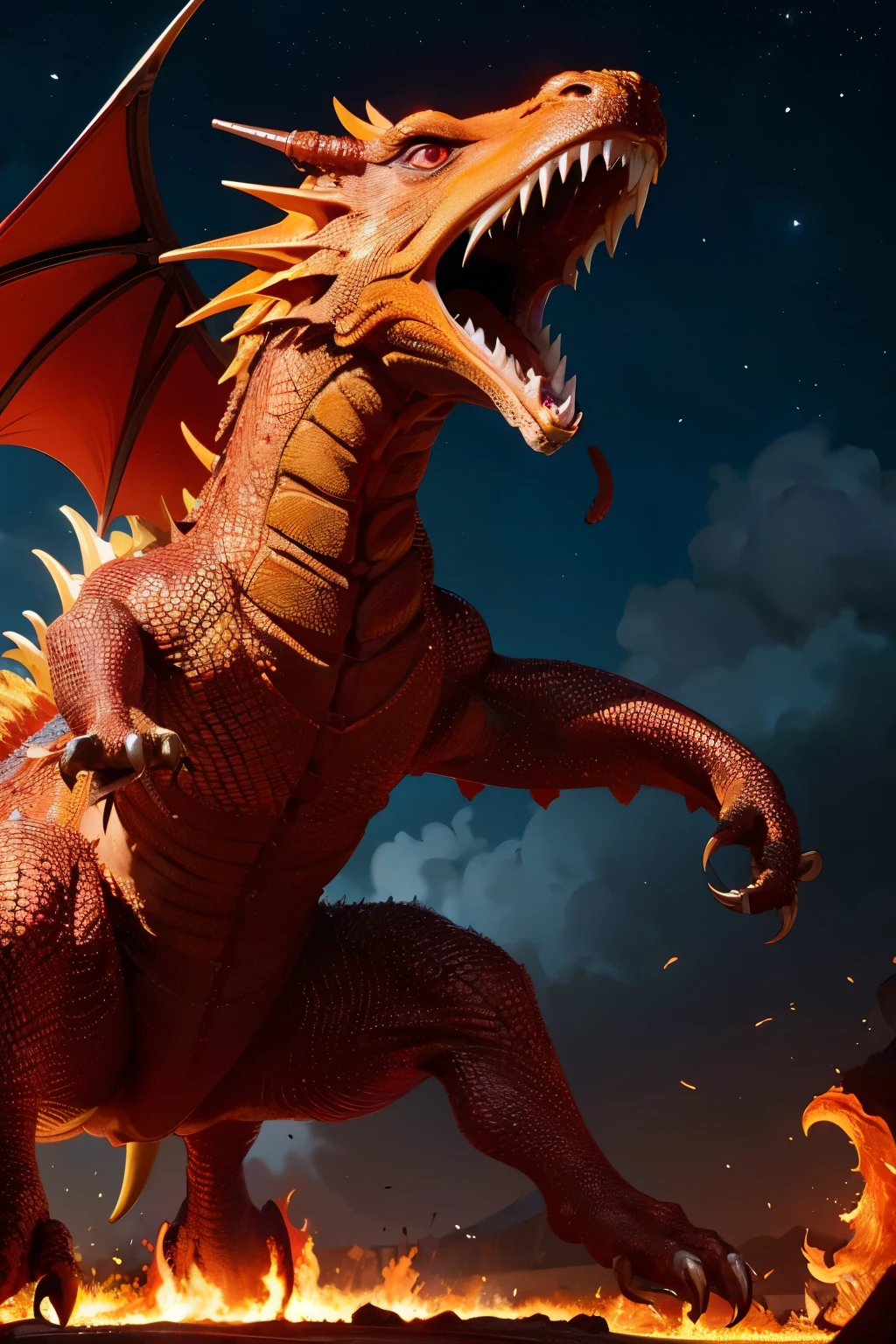 "A golden heavenly dragon, with penetrating crimson eyes, unleashes an inferno through its flared nostrils in this stunning and sorrowful close-up. The high-quality artwork, rendered in 8k resolution, boasts numerous intricate details and fiery particulas. The dragon stands colossal and imposing, its muscles taut and its four legs steady on the ground. Each scales shines brightly with hues of gold, while its claws bear a menacing stained mark. Behold the might and peril of this dragon, guardian of the heavens, with its sharp, fearsome teeth bared and fiery breath engulfing the surroundings."