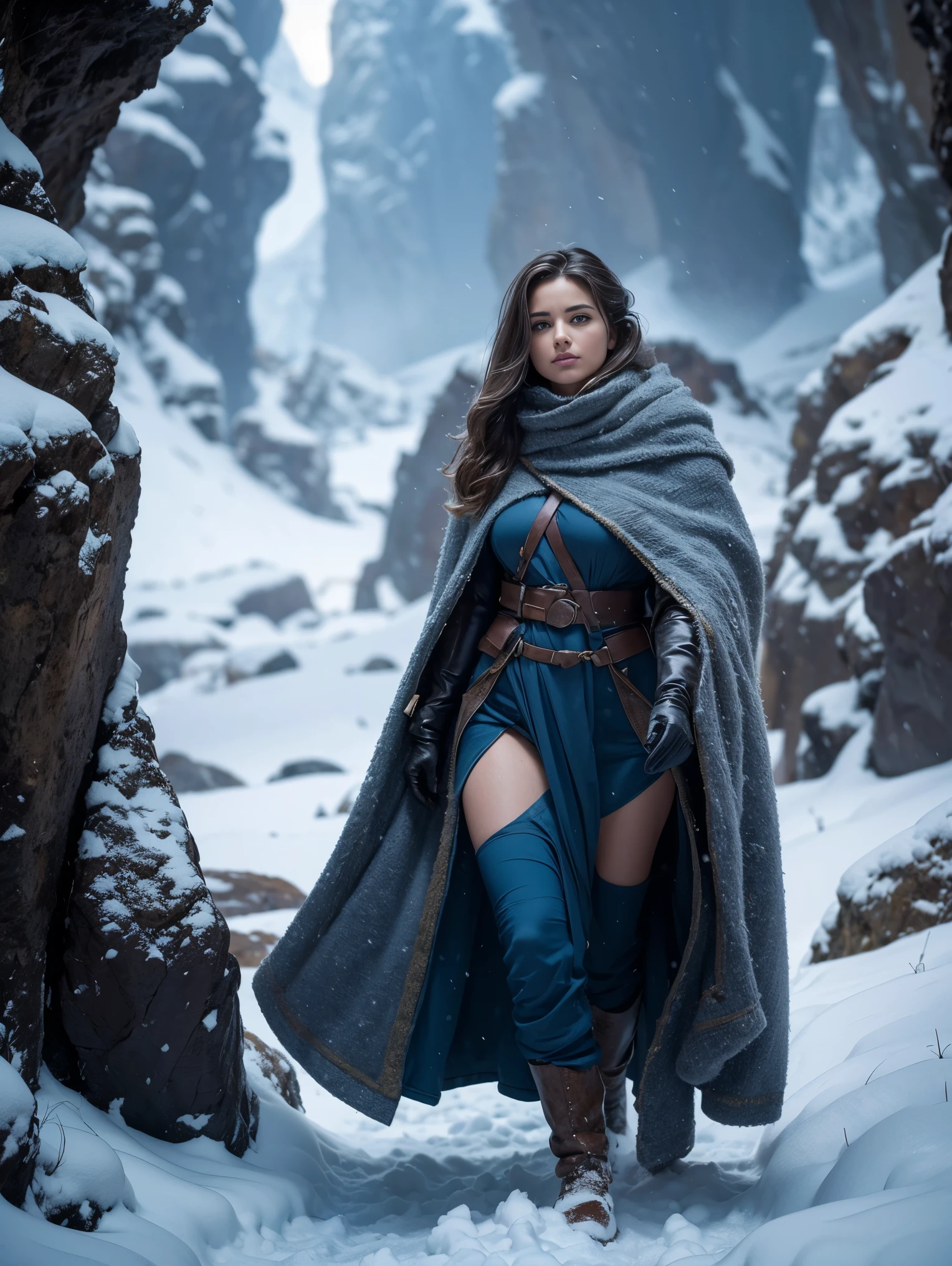 The subject is the landscape. Rule of third, golden ratio, rules of composition. In a majestic landscape of snow-capped, windswept mountains at night. A breathtakingly beautiful woman walks through the snow towards a cave. The cavern radiates a friendly, reassuring blue light. In this gigantic, epic landscape, the woman walking in snow for hours, (((appears to be a miniature))).
She’s an explorer, researcher. Perfect anatomy, perfect hair, perfect breast, perfect body, perfect hands, perfect face, perfect eyes, accurate, anatomically correct, perfect clear and crisp focus, UHD,