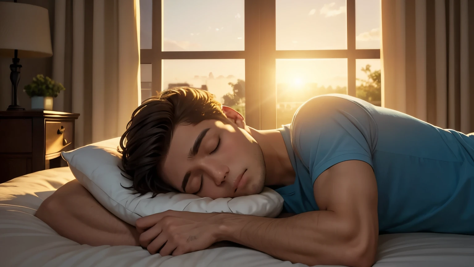 Sleeping young man in morning sun rising