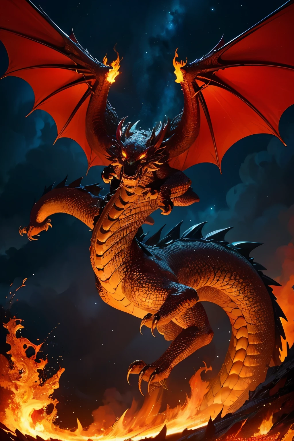 "A golden heavenly dragon, with penetrating crimson eyes, unleashes an inferno through its flared nostrils in this stunning and sorrowful close-up. The high-quality artwork, rendered in 8k resolution, boasts numerous intricate details and fiery particulas. The dragon stands colossal and imposing, its muscles taut and its four legs steady on the ground. Each scales shines brightly with hues of gold, while its claws bear a menacing stained mark. Behold the might and peril of this dragon, guardian of the heavens, with its sharp, fearsome teeth bared and fiery breath engulfing the surroundings."