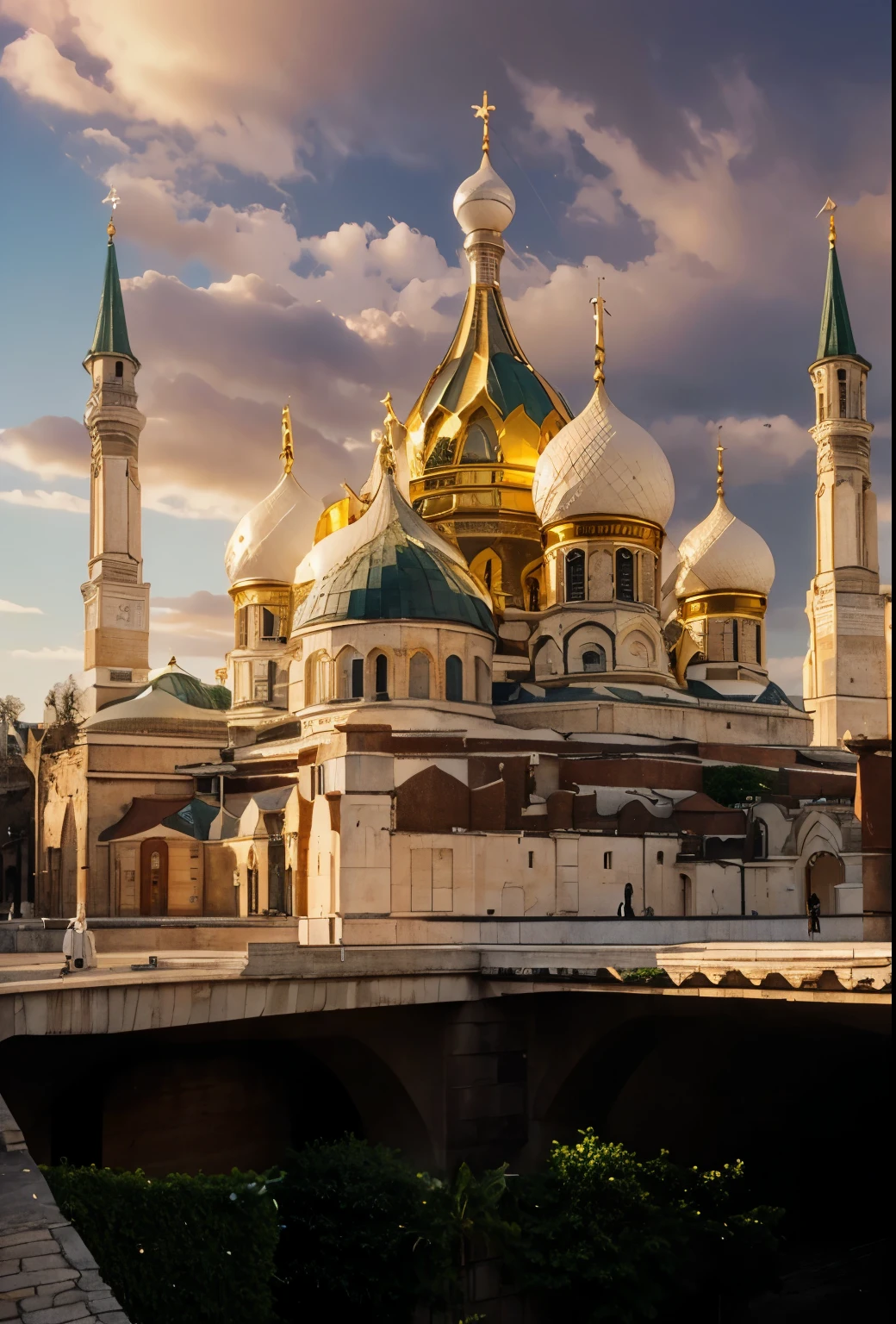 White marbel building, golden small middle dome, green other big domes, magnificent architecture, ultra realistic, 32k.
