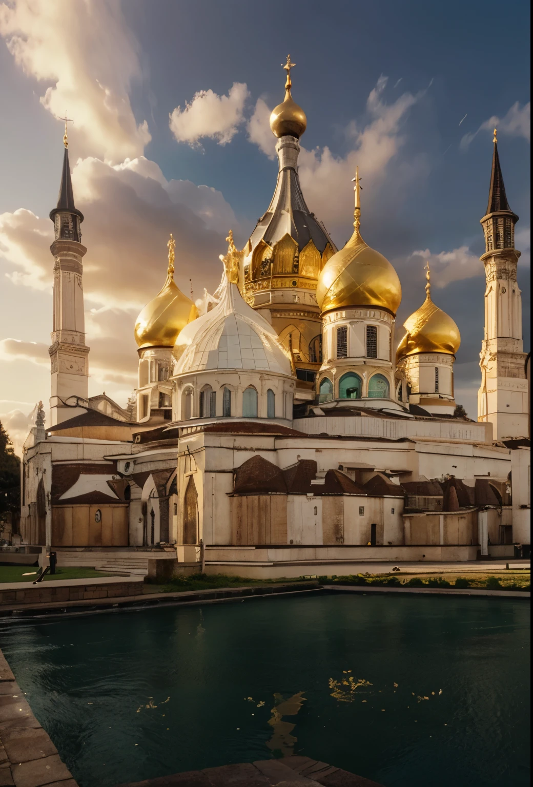 White marbel building, golden small middle dome, green other big domes, magnificent architecture, ultra realistic,  32k.