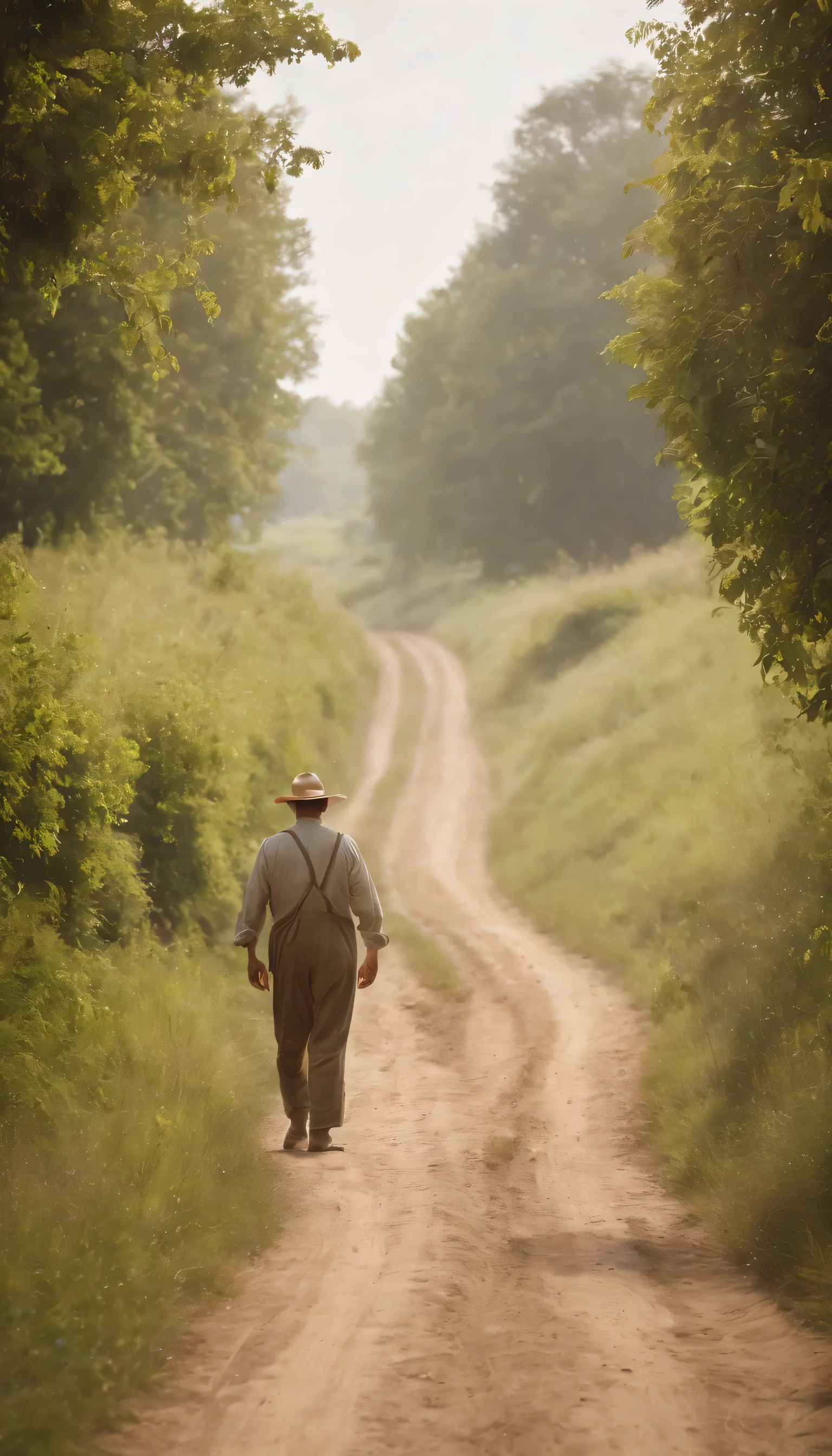 (Highly detailed CG Unity 8K wallpaper、masterpiece、highest quality、Super detailed)、(best lighting、best shadow、very delicate and beautiful)highest quality、8K、Detailed facial depiction、masterpiece、highest quality、clear image quality、Photo of a farmer walking along a country road