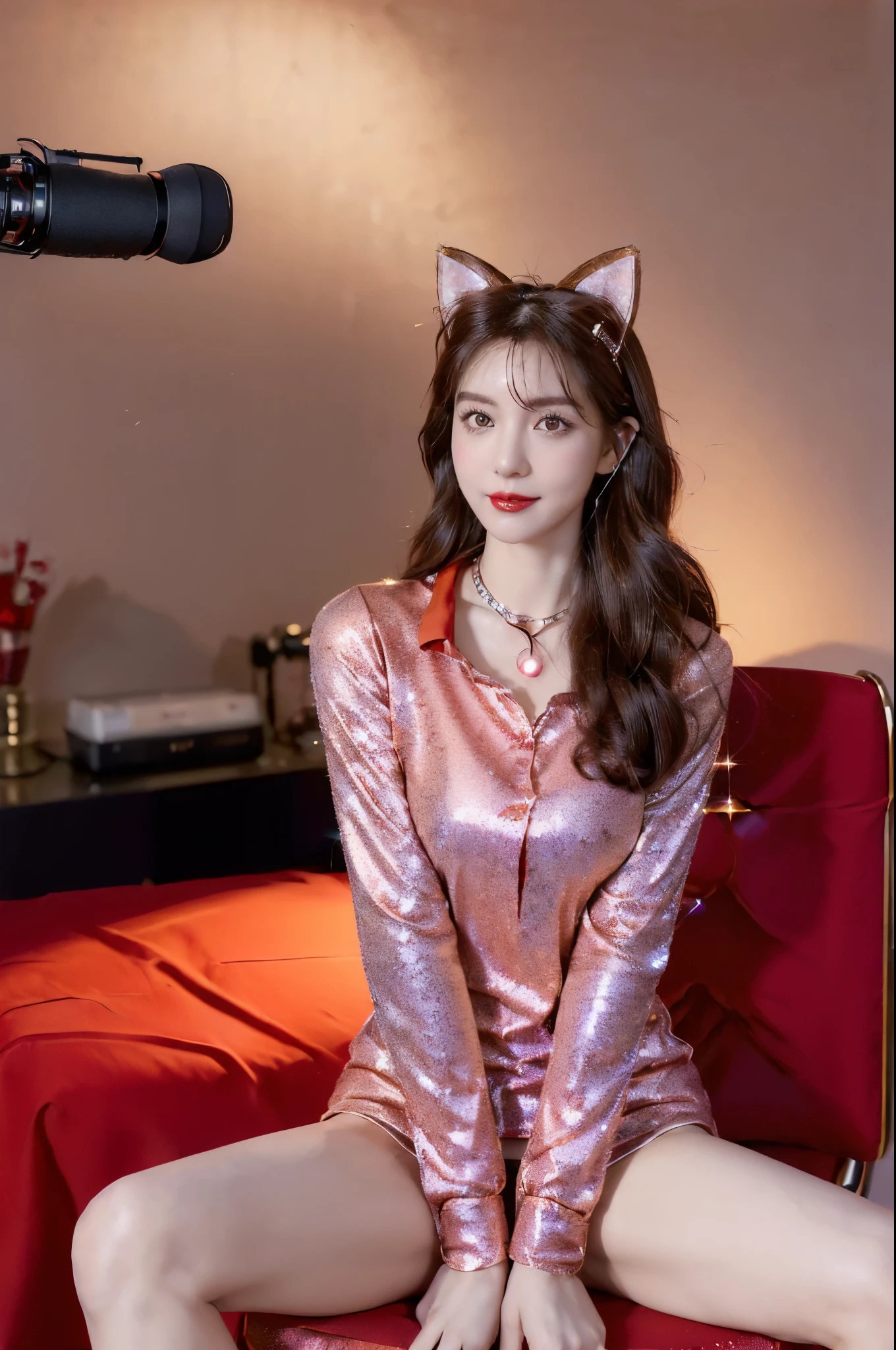 ((((8k))),((Extremely meticulous CG)) ,(wallpaper),16k,((Extremely refined and beautiful)),(((Masterpiece))),(((best qualtiy))),(((Ultra High Resolution))),beautiful light up,Perfect lightning,realistic shaded,[A high resolution],(Smooth and flawless fair skin:1.5),(pale skin:1.3),Extremely exquisite facial details,(perfect body:1.1),ultra-detailed,A beautiful girl,solo,small head,(cat ears:1.3),(shoulder length bob hair:1.1),(hair:1.1),(Wearing earphones:1.2),(detailed eyes:1.2),small face,Exquisite makeup,(blush:1.3),(red lips:1.3),(small ???????:1.1),flat chests,slim,thin,happy,(smile:1.3),(red sparkle shirt:1.5),(dog collar:1.2),(thick thighs:1.2),(slender legs:1.2),(high heels:1.2),(night scene:1.5),pornographic atmosphere,indoor,(In a bedroom:1.5),(Style of online live streaming room:1.2),(detailed background:1.5),(Live streaming equipments:1.2),(beside Camera bracket and microphone:1.5),(sitting on a chair:1.3),(upper body:1.3),(from front:1.3)