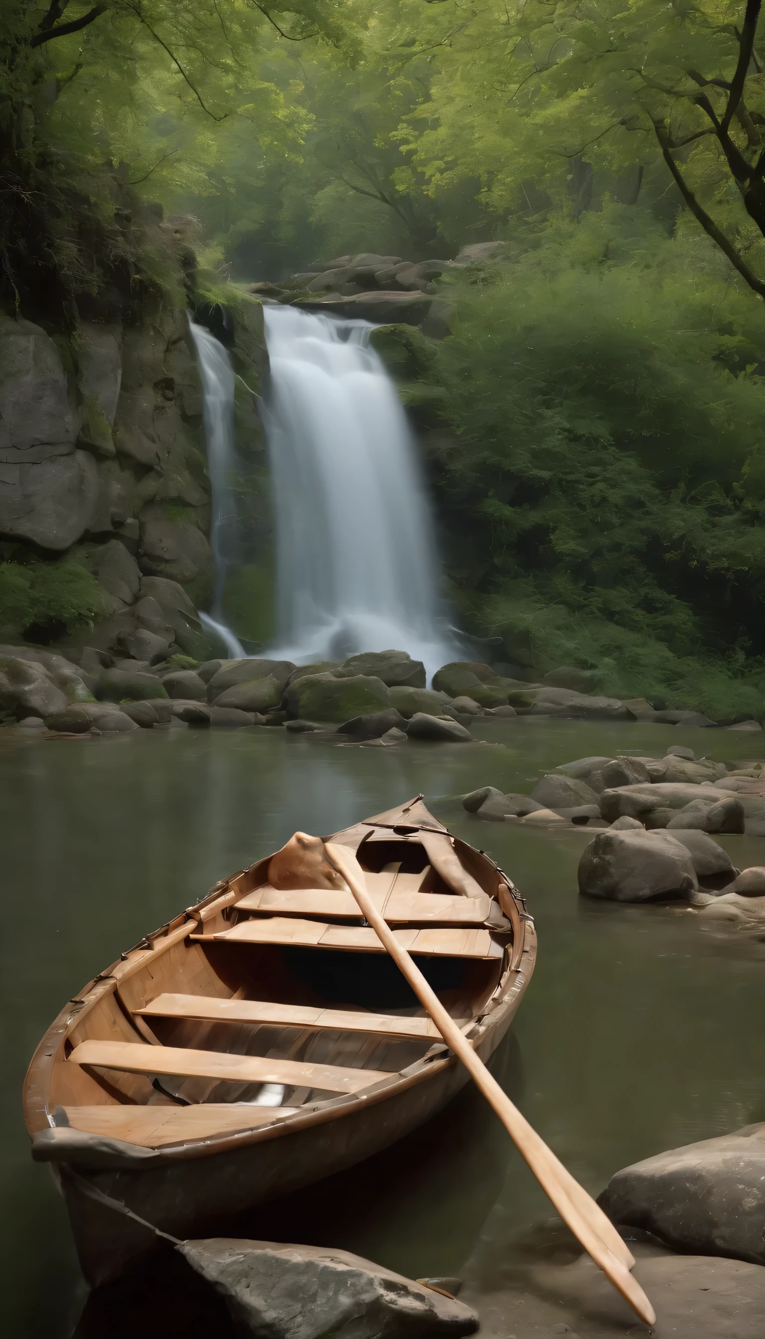 (Highly detailed CG Unity 8K wallpaper、masterpiece、highest quality、Super detailed)、(best lighting、best shadow、very delicate and beautiful)highest quality、8K、Detailed facial depiction、masterpiece、highest quality、clear image quality、Photo of a canoe crossing an old bridge