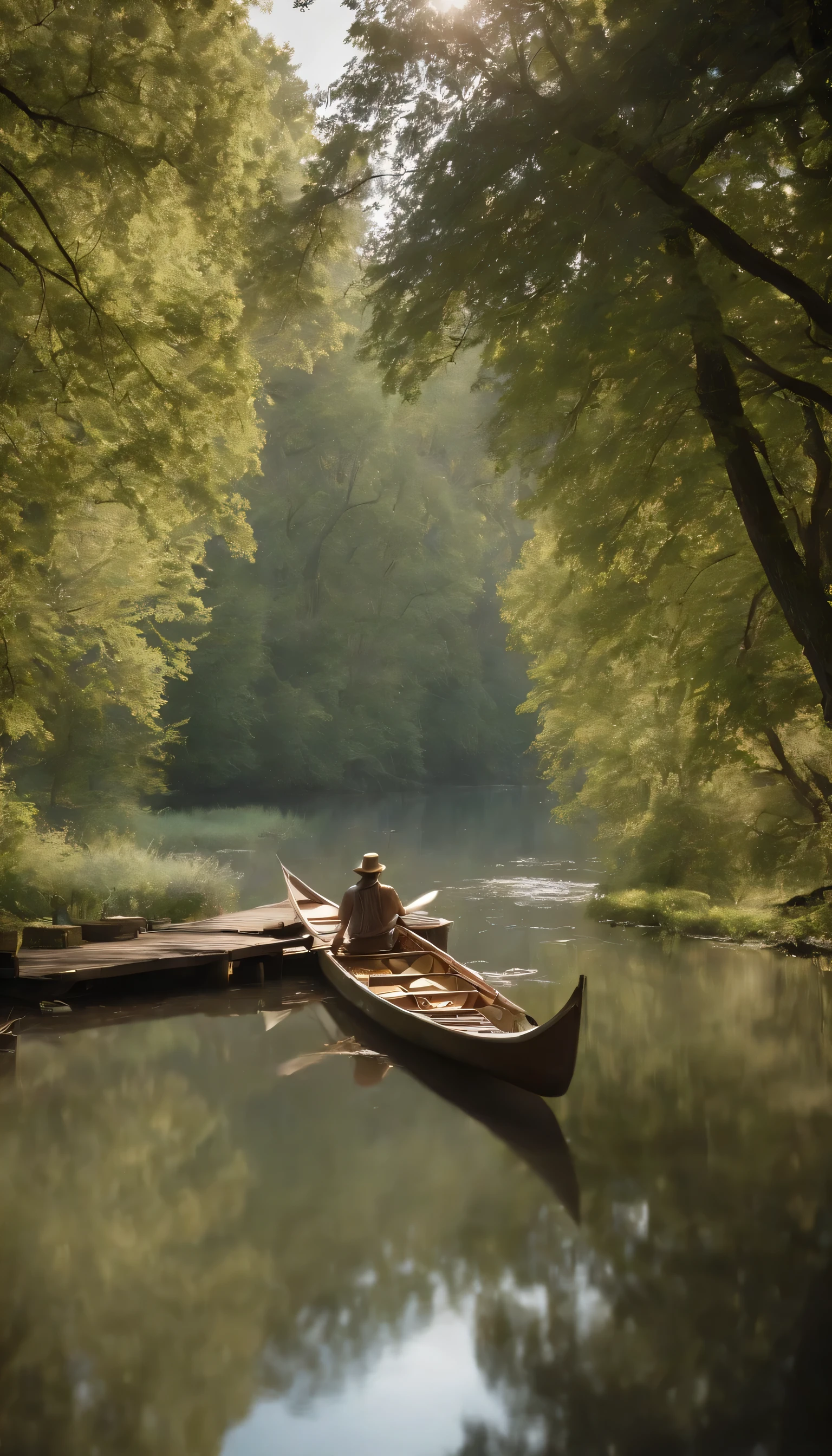 (Highly detailed CG Unity 8K wallpaper、masterpiece、highest quality、Super detailed)、(best lighting、best shadow、very delicate and beautiful)highest quality、8K、Detailed facial depiction、masterpiece、highest quality、clear image quality、Photo of a canoe crossing an old bridge