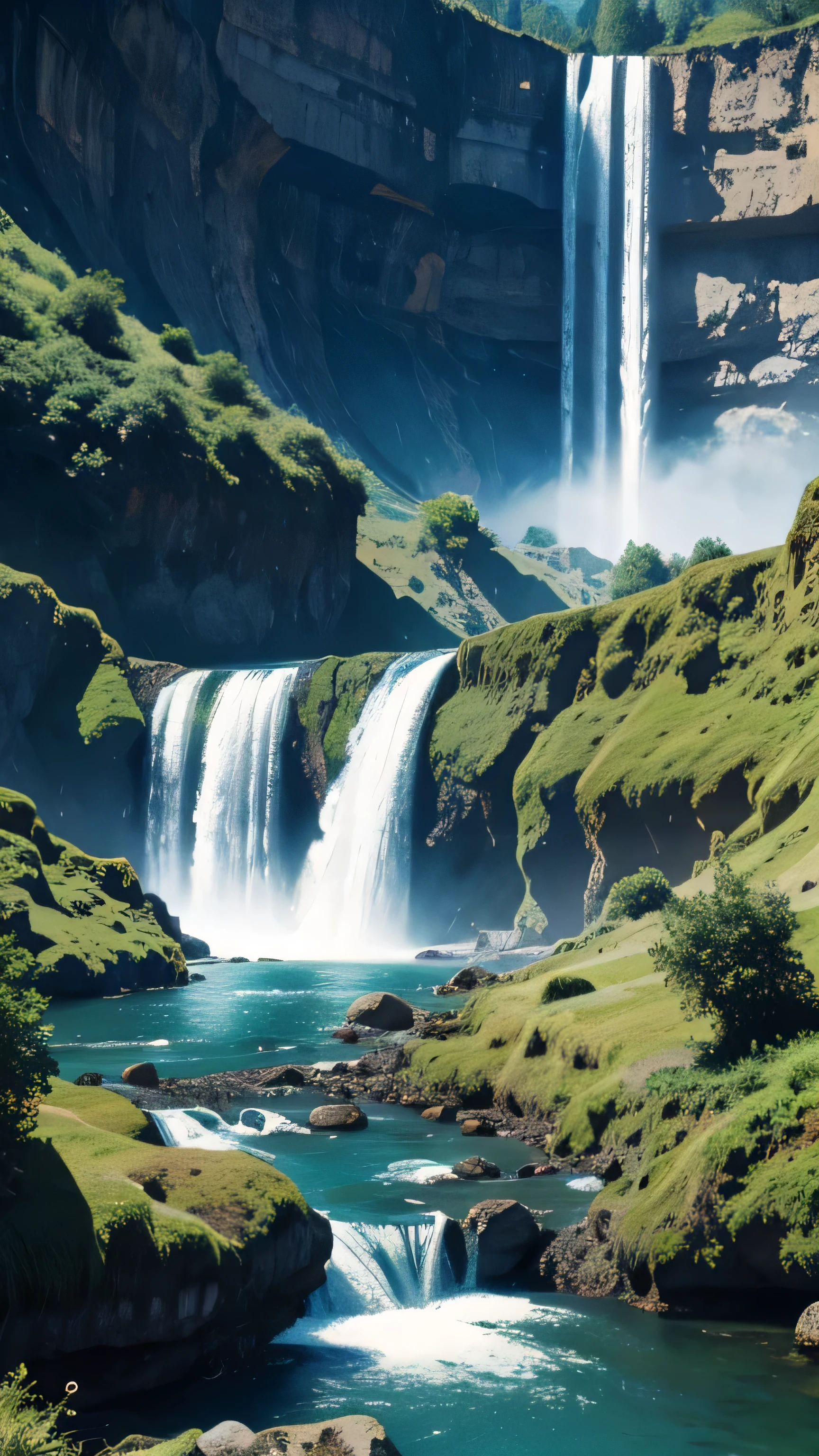 A valley with a dynamic waterfall