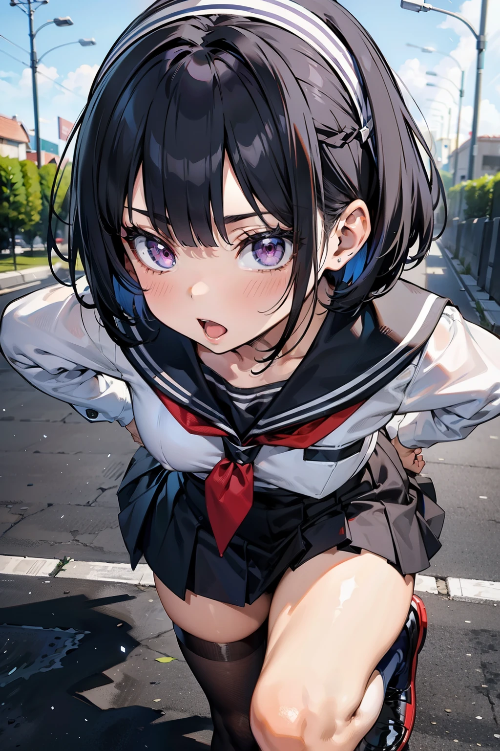 scowling face,cowboy shot,thin legs,standing,very young girl,extremely skinny girl,front shot,flat chest,low twin tails,black hair,red ribbon,(pink panty:1.0),wedged panty,(navy colored sailor uniform1.0), (navy colored skirt:1.0),white knee socks,burst out skirt,up skirt,panty shot,from below,ground level shot, girl