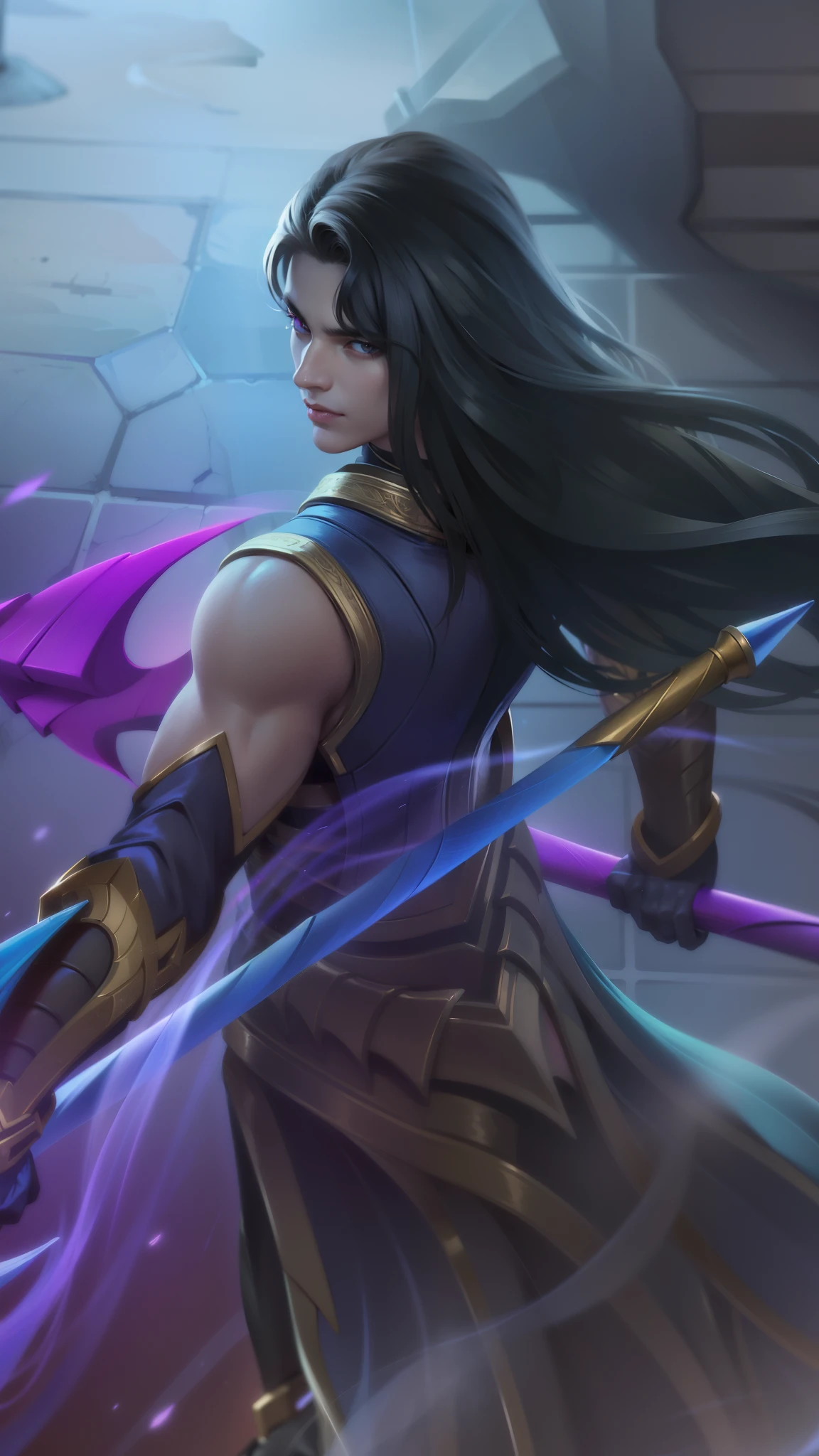 masculine male, masterpiece, ((perfect eyes)) best quality, (semirealism:1.9), beautiful lighting, (extremely detailed CG unity 4k fhd wallpaper), High Detail, Sharp focus, dramatic outdoors, 1 guy, 30 years old, black long hair, strong blue eye glow (red eye:1.2).