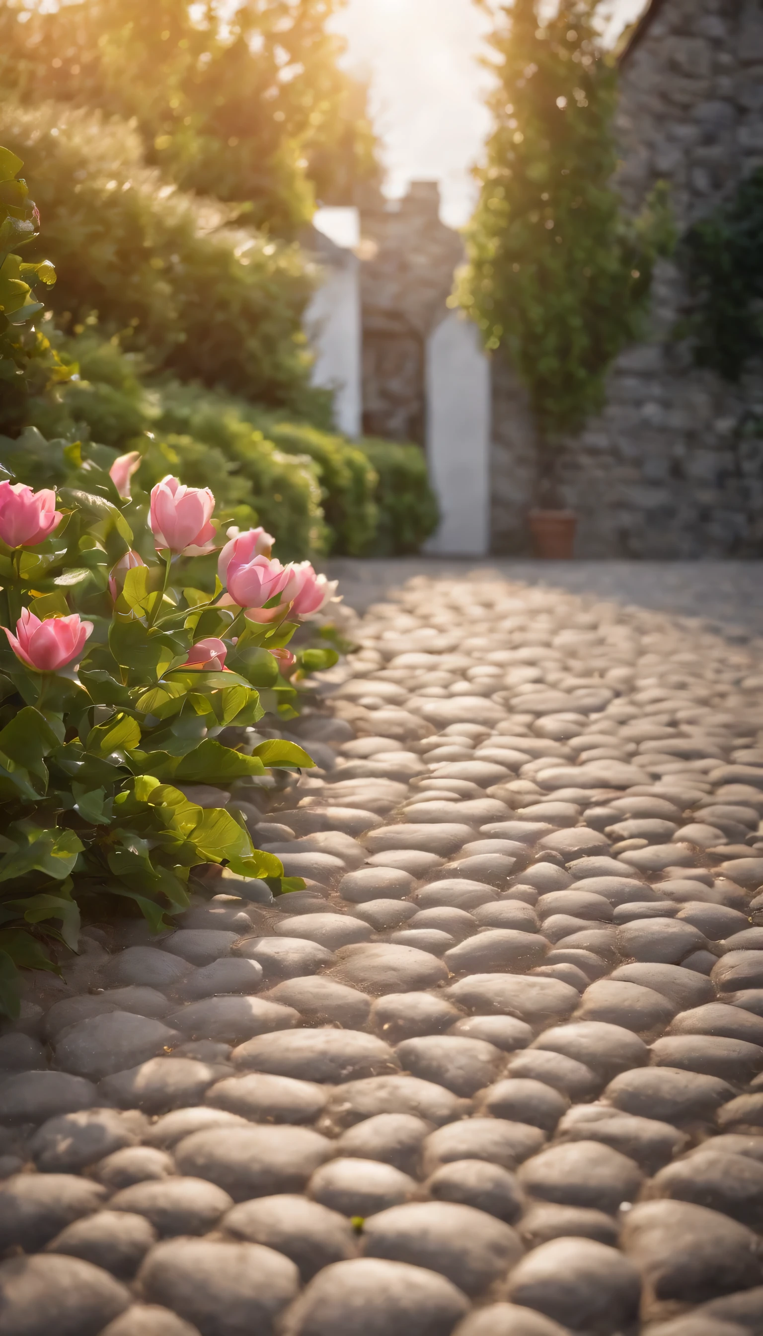 (Highly detailed CG Unity 8K wallpaper、masterpiece、highest quality、Super detailed)、(best lighting、best shadow、very delicate and beautiful)highest quality、8K、Detailed facial depiction、masterpiece、highest quality、clear image quality、Flowers blooming on the cobblestone road々Photo of