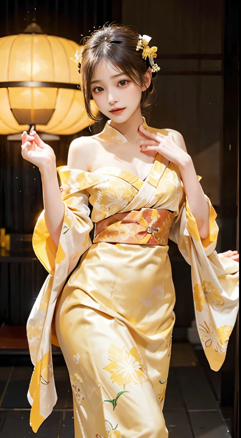 In a serene setting, a woman captures attention in the radiant beauty of a yellow kimono. The luminous yellow fabric, adorned with delicate patterns, gracefully envelops her figure, radiating a sense of warmth. The obi elegantly cinches her waist, enhancing the traditional charm of the ensemble. In this fully-covered attire, she exudes an air of tranquility, embodying the timeless beauty of a woman in a graceful yellow kimono against the backdrop of serenity