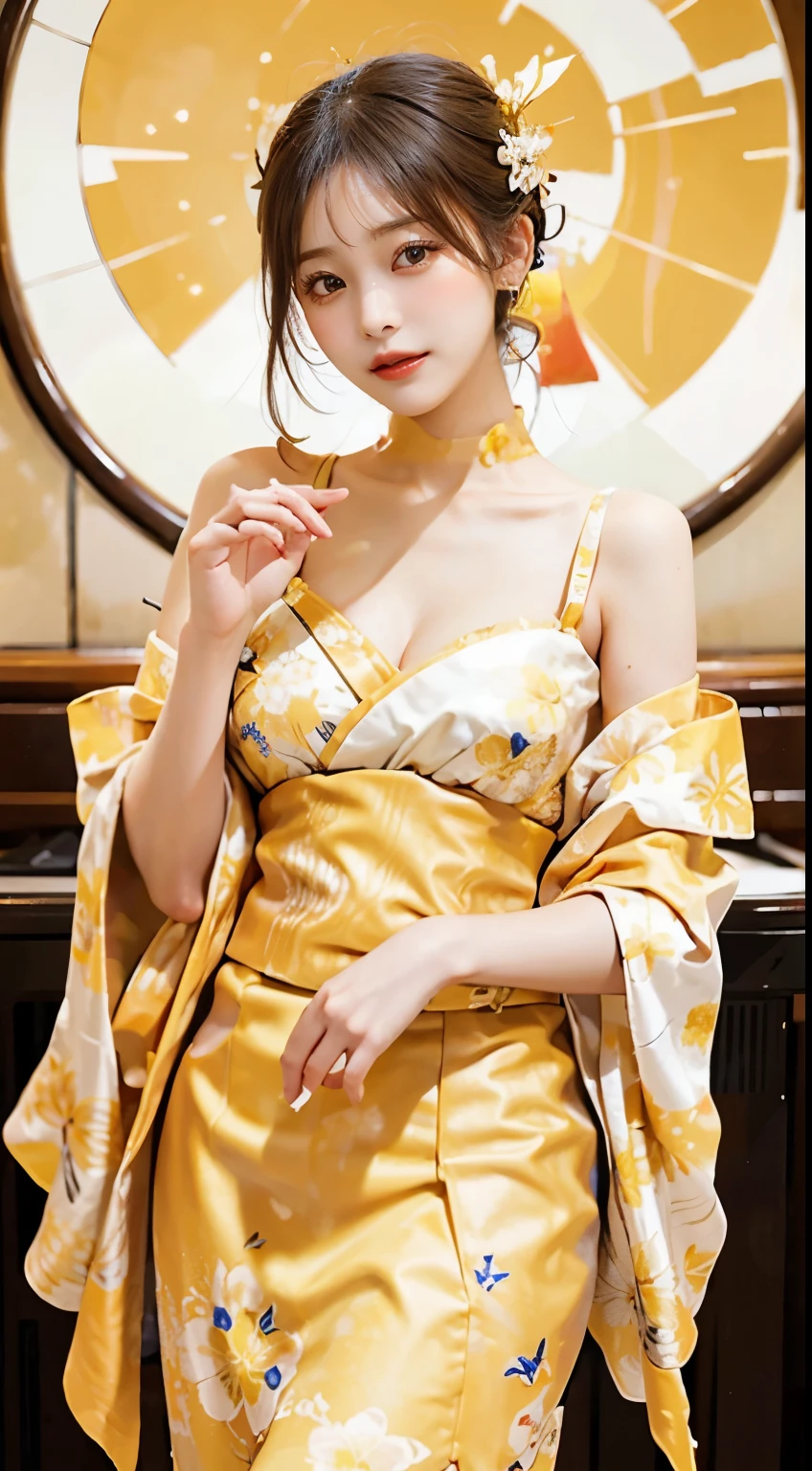 In a serene setting, a woman captures attention in the radiant beauty of a yellow kimono. The luminous yellow fabric, adorned with delicate patterns, gracefully envelops her figure, radiating a sense of warmth. The obi elegantly cinches her waist, enhancing the traditional charm of the ensemble. In this fully-covered attire, she exudes an air of tranquility, embodying the timeless beauty of a woman in a graceful yellow kimono against the backdrop of serenity
