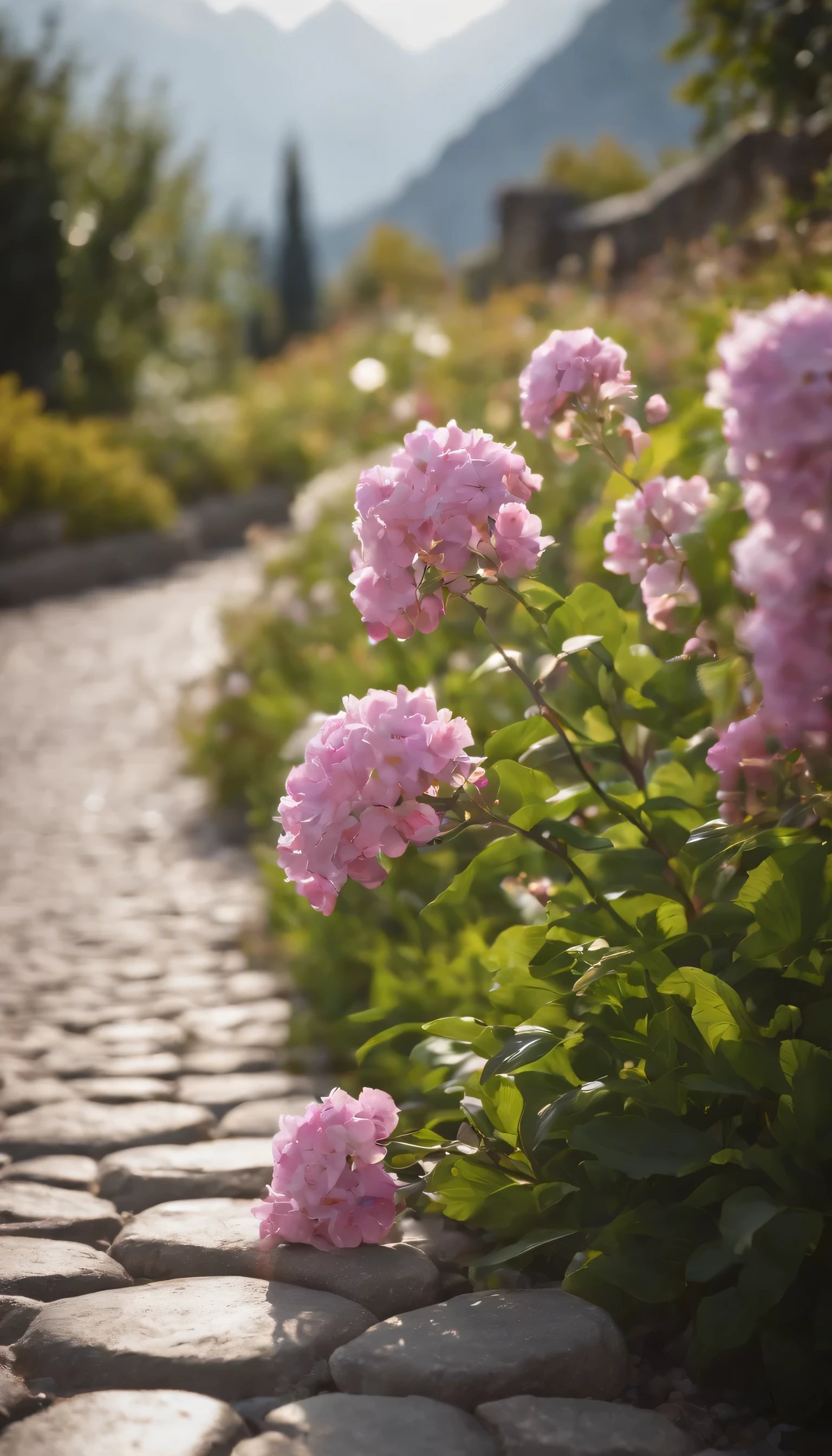 (Highly detailed CG Unity 8K wallpaper、masterpiece、highest quality、Super detailed)、(best lighting、best shadow、very delicate and beautiful)highest quality、8K、Detailed facial depiction、masterpiece、highest quality、clear image quality、Flowers blooming on the cobblestone road々Photo of