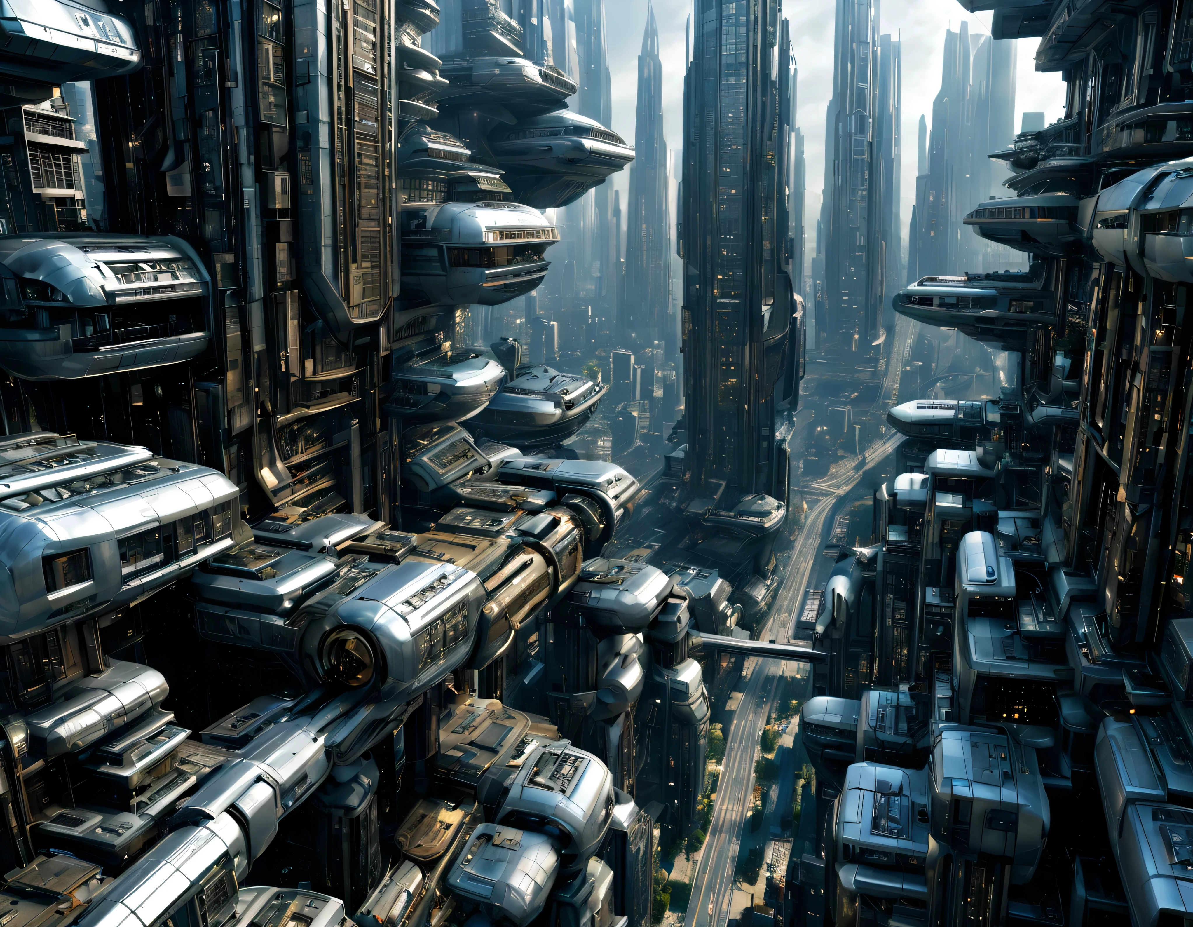 the city of megacity futuristic science fiction city as it would be in the year 3029, vista desde una terraza , with high-tech design , edificios de metal y cristal, highways crossing them, de una inmensidad impresionante, con el empleo de oro , silver and bronze in its construction, realmente impresionante a la vista, imagen bien definida, sharp well defined background, con muchos edificios juntos. sharp well defined 8k image. los edificios llegan alta el fondo.,8k. cinematographic image, renderizado 3d, ((obra maestra de superior calidad)).