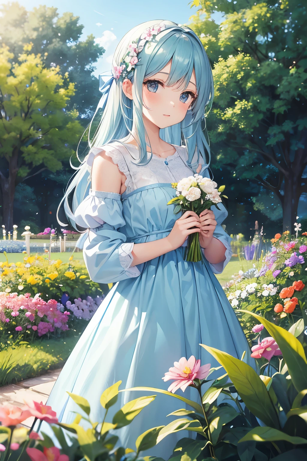 beautiful noble girl in light blue clothes standing in the garden with flowers