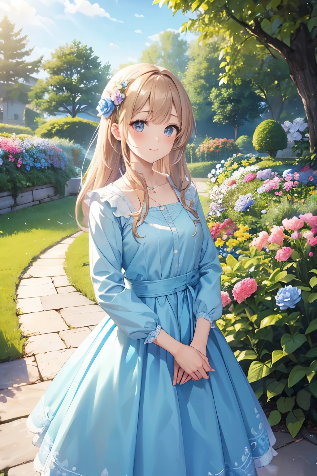 beautiful noble girl in light blue clothes standing in the garden with flowers