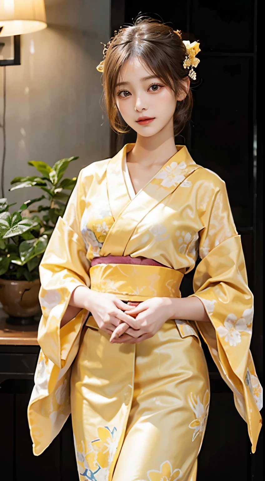 In a serene setting, a woman captures attention in the radiant beauty of a yellow kimono. The luminous yellow fabric, adorned with delicate patterns, gracefully envelops her figure, radiating a sense of warmth. The obi elegantly cinches her waist, enhancing the traditional charm of the ensemble. In this fully-covered attire, she exudes an air of tranquility, embodying the timeless beauty of a woman in a graceful yellow kimono against the backdrop of serenity