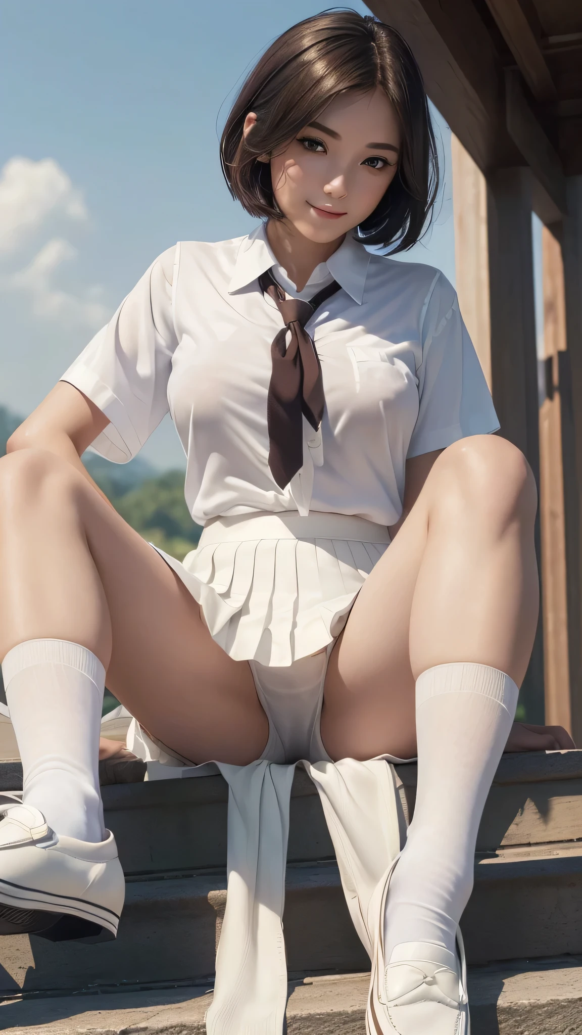 (Close-up:1.4)、(RAW photo:1.2)、(photorealistic:1.4)、(masterpiece:1.3)、(highest quality:1.4)、(Beautiful woman with perfect body:1.4)、solo、7 head and body、(cute face)、(cute:1.2)、(full body shot)、(panty shot:1.3)、(spread your legs:1.3)、beautiful detailed sky、night、wet、looking at the viewer、(sitting:1.5)、smile、big breasts、(beautiful detailed eyes)、(charming big eyes)、(beautiful double eyelids)、(beautiful and detailed face)、(short hair:1.1)、(brown hair)、(perfect anatomy:1.2)、(tie、pleated skirt、school uniform、white panties、white shirt、loafers、socks:1.3)、blurred background、outdoor、