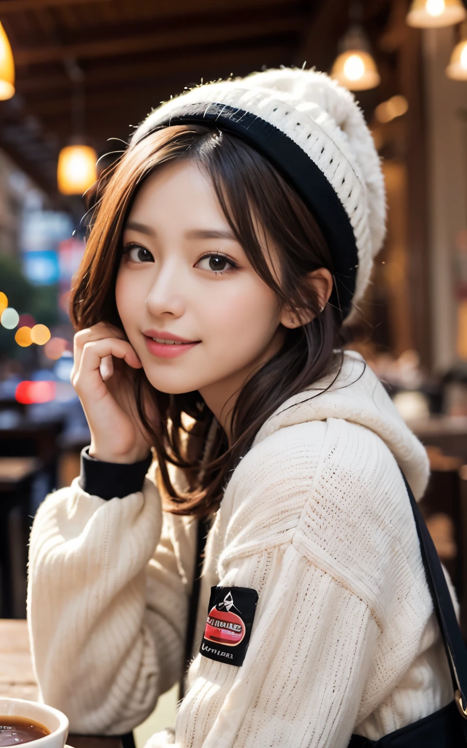 Cute Japanese 21 years old、Drink coffee in a café、Nice café、Her face is very thin、Attention to detail、double eyelid、Beautiful thin nose、sharp focus:1.2、beautiful woman:1.4、(light brown hair、short hair、) 、pure white skin、highest quality、masterpiece、ultra high resolution、(Photoreal:1.4)、High-definition, professional lighting、nice smile、Show the whole body、Cute winter clothes、