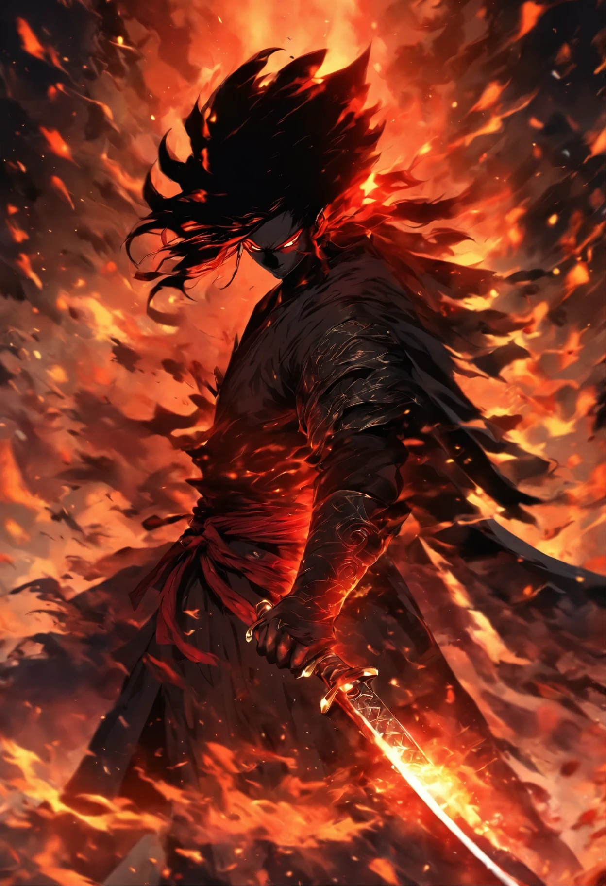 Young Swordsman, Evil Paint Style, Ink Paint, Handsome, Black Long Hair, Use Katana, Use Cloak, Half Demon Body background, Half Demon Face Background, Dimensional Black Fire Demon, Red Eyes, Warrior, Swordsman, Standing at his Feet, Black Fire Background, Perfect, Perfect Anatomy, Angry Expression, Detail, Masterpiece, Textured Skin, 8K, Grand Masterpiece, High Resolution, Top quality