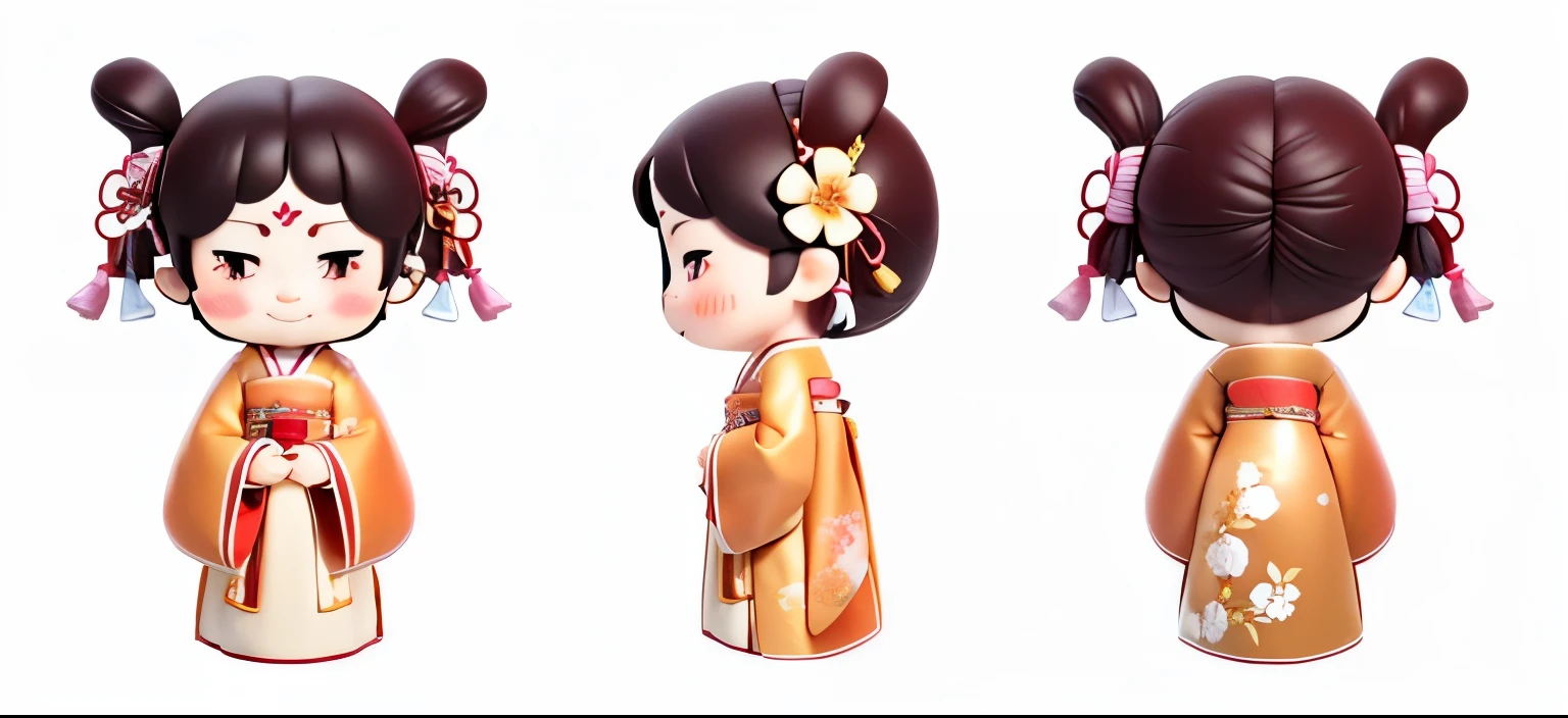 a girl，hair accessories，发flower，black hair，flower，White background，simple background，multiple views，facial markings，long sleeves，Forehead marking，Wide sleeves，japanese clothes，kimono，blush，black eyes，Smile