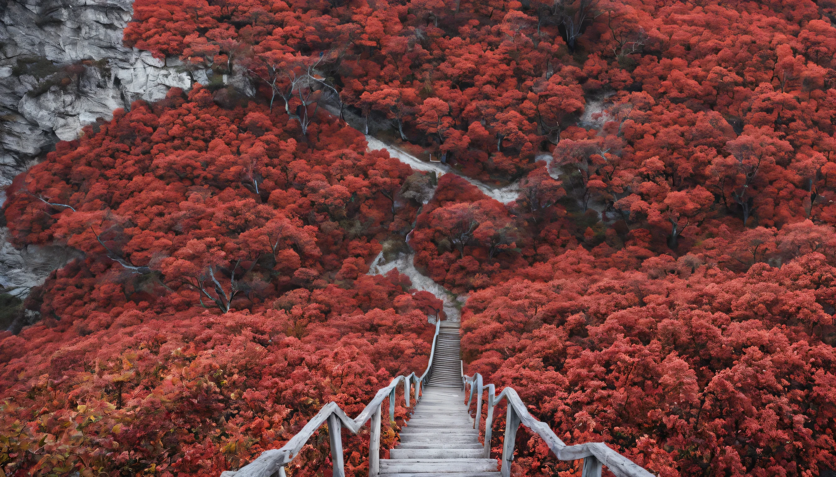 Stairs leading to bright red autumn scenery, botanical style, fashion kay, bloom core, Whistlerian, Romantic feelings, Nature Core, carpet punk