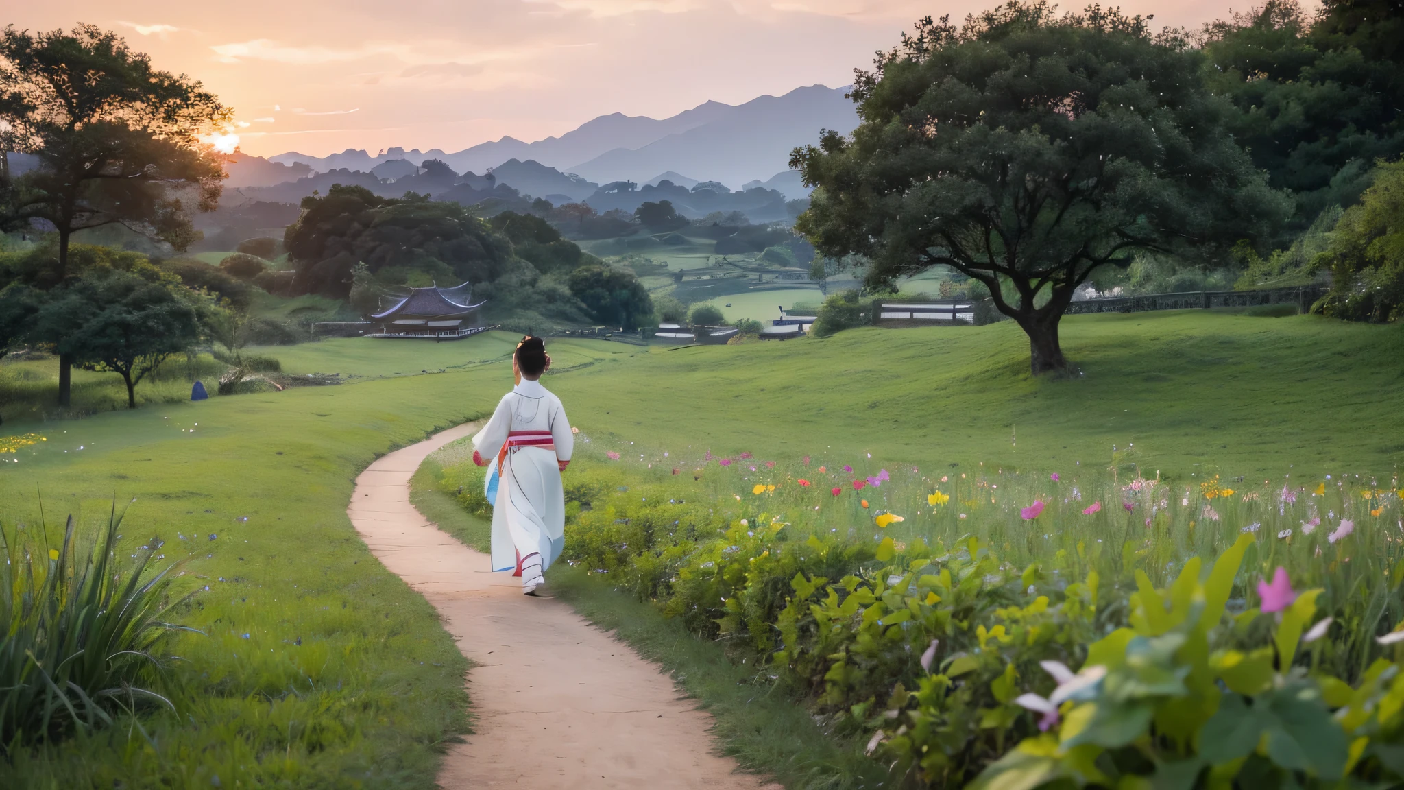 A little girl wearing Hanfu walks on a field path. dusk,Two butterflies are flying. There is a thatched hut in the distance.