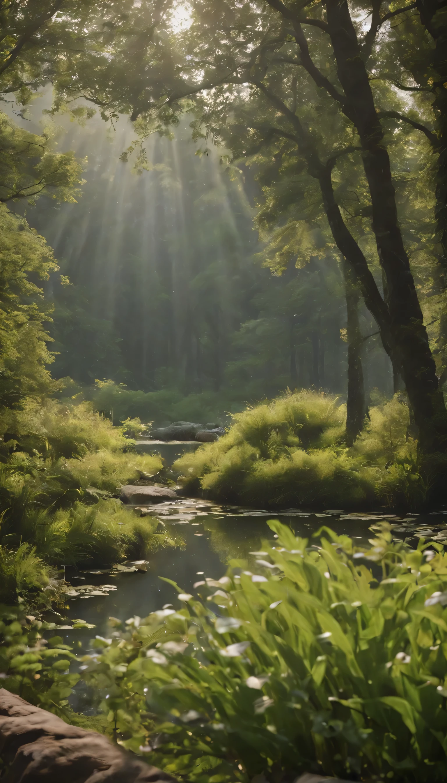 (Highly detailed CG Unity 8K wallpaper、masterpiece、highest quality、Super detailed)、(best lighting、best shadow、very delicate and beautiful)highest quality、8K、Detailed facial depiction、masterpiece、highest quality、clear image quality、Photo of a small pond in the forest and the creatures around it