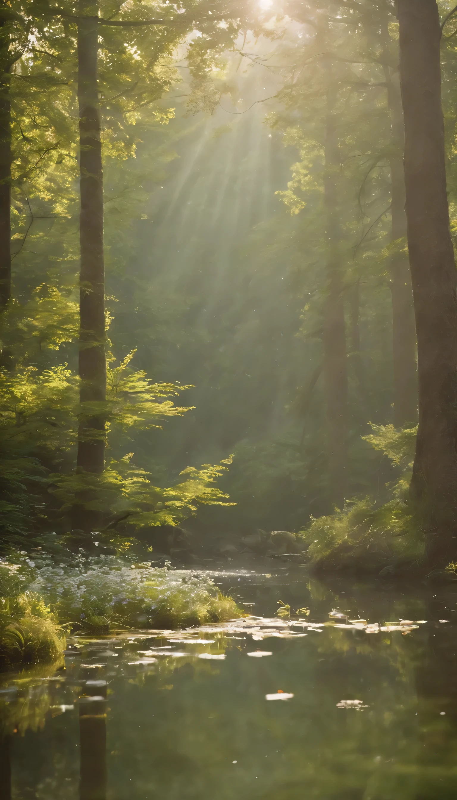 (Highly detailed CG Unity 8K wallpaper、masterpiece、highest quality、Super detailed)、(best lighting、best shadow、very delicate and beautiful)highest quality、8K、Detailed facial depiction、masterpiece、highest quality、clear image quality、Photo of a small pond in the forest and the creatures around it