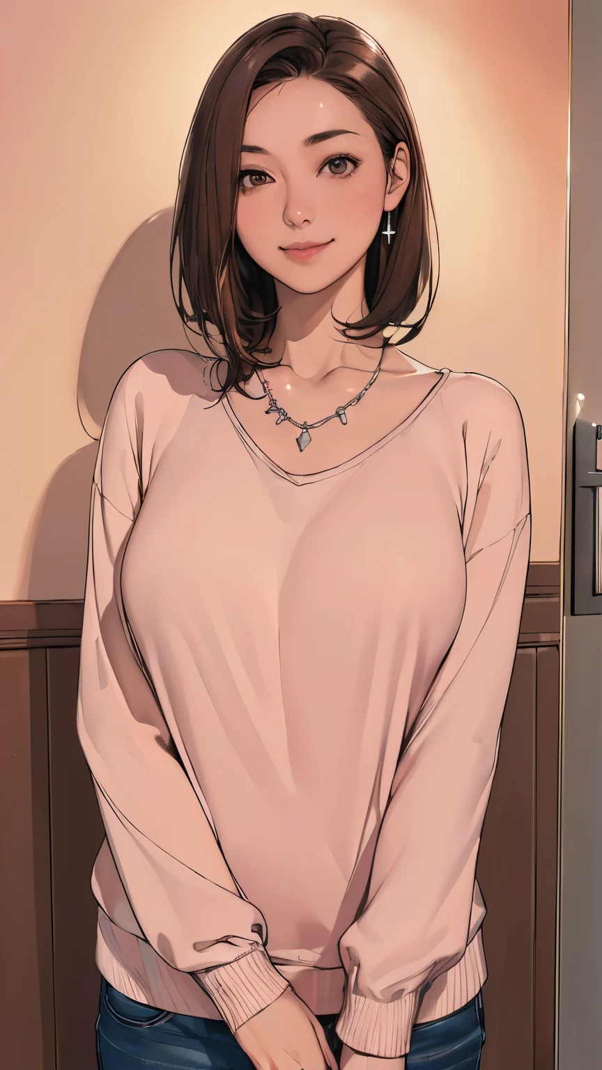 ((night、realistic light、highest quality、8K、masterpiece: 1.3))、1 girl、slim beauty: 1.4、(brown hair、medium breasts: 1.3)、Pink long sweater: 1.1、Bathroom、extra thin face、delicate eyes、 double eyelid、smile、necklace、brown eyes