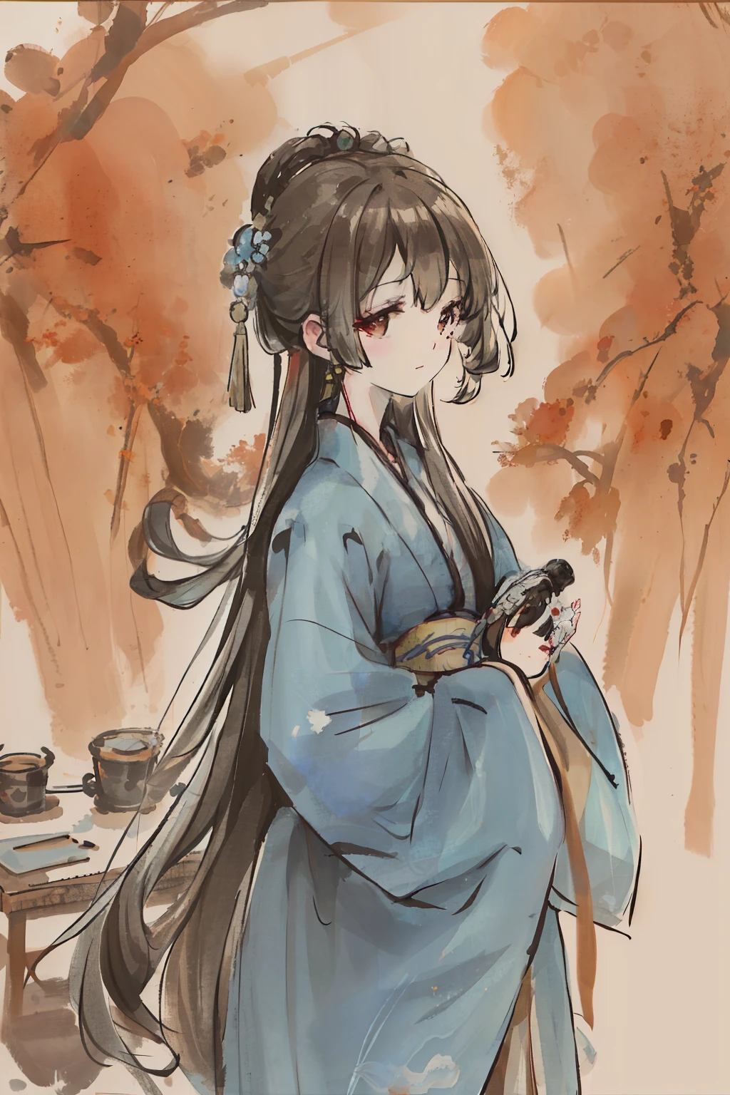 Shukezouma in a tranquil scene, a woman in long hanfu standing amidst negative space, Willow branches delicately painted in traditional Chinese ink, Model shoot style with a peaceful aura, A gentle smile gracing her face, Gazing directly at the viewer,Serene and composed, Wuchangshuo's masterpiece of a portrait woman, Song-inspired hanfu adorning her figure, Willow tree in the background completes the serene image.