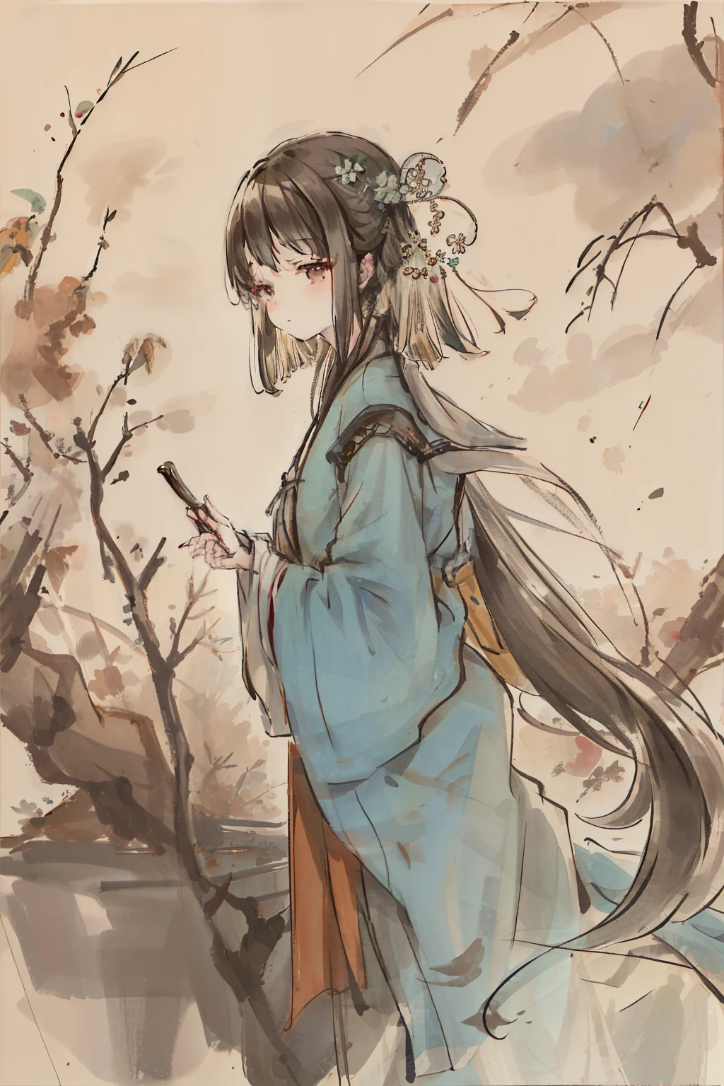 Shukezouma in a tranquil scene, a woman in long hanfu standing amidst negative space, Willow branches delicately painted in traditional Chinese ink, Model shoot style with a peaceful aura, A gentle smile gracing her face, Gazing directly at the viewer,Serene and composed, Wuchangshuo's masterpiece of a portrait woman, Song-inspired hanfu adorning her figure, Willow tree in the background completes the serene image.