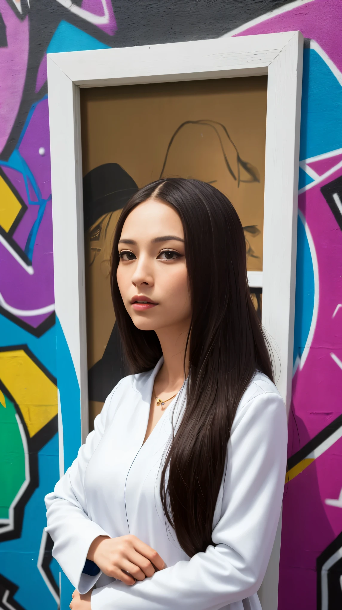 In the urban scene, the entire frame is filled with a wall showcasing artistic graffiti of Mona Lisa. The tall person in a white suit and hat is positioned on the left side of the frame, leaning nonchalantly against the graffiti wall. On the right side of the frame, only the rear part of a truck is visible on the road, captured as it moves dynamically from right to left, giving the impression that it's just about to exit the frame.