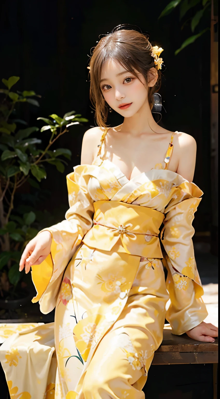 In a serene setting, a woman captures attention in the radiant beauty of a yellow kimono. The luminous yellow fabric, adorned with delicate patterns, gracefully envelops her figure, radiating a sense of warmth. The obi elegantly cinches her waist, enhancing the traditional charm of the ensemble. In this fully-covered attire, she exudes an air of tranquility, embodying the timeless beauty of a woman in a graceful yellow kimono against the backdrop of serenity