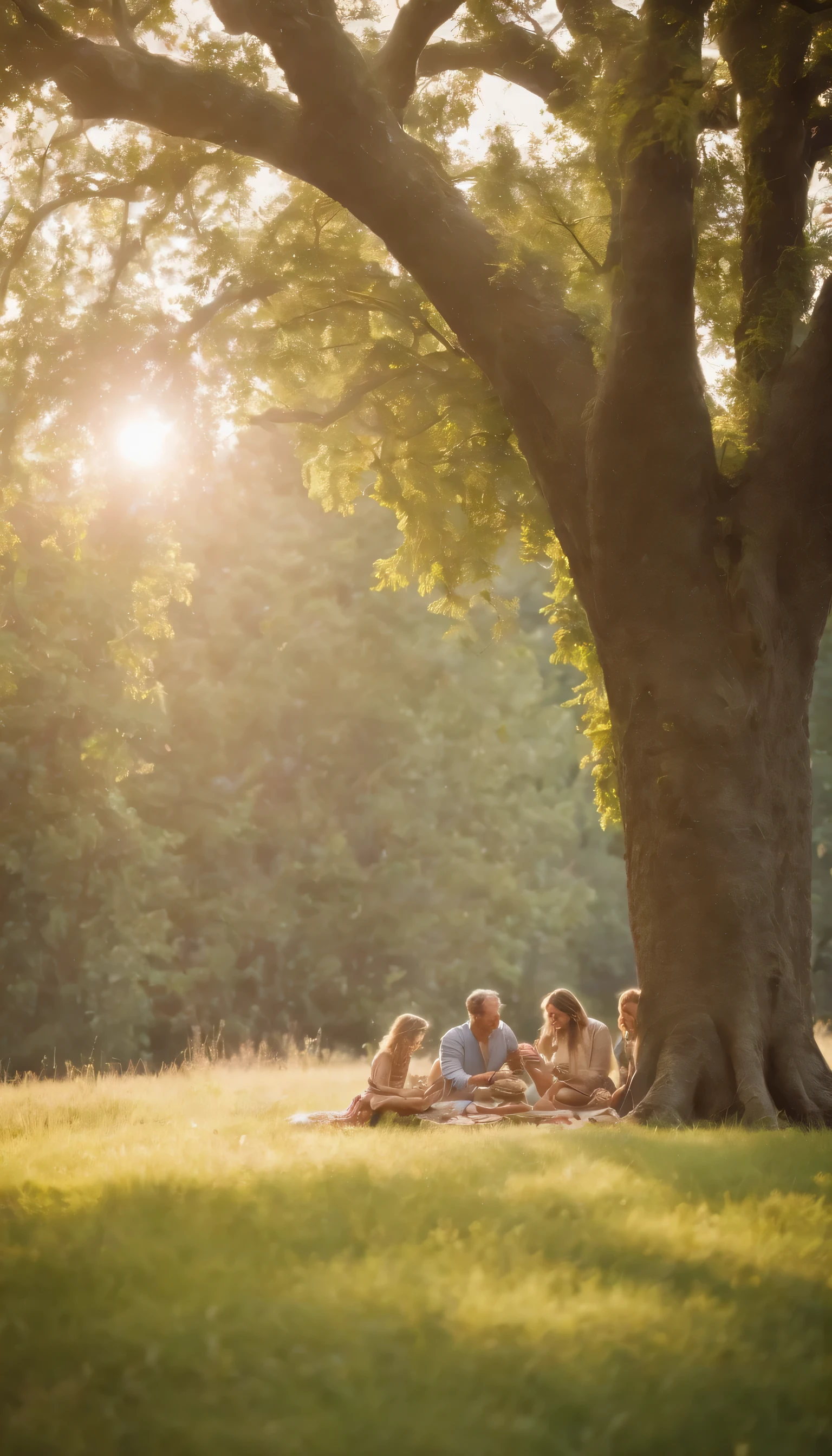 (Highly detailed CG Unity 8K wallpaper、masterpiece、highest quality、Super detailed)、(best lighting、best shadow、very delicate and beautiful)highest quality、8K、Detailed facial depiction、masterpiece、highest quality、clear image quality、Photo of a family having a picnic under an old tree