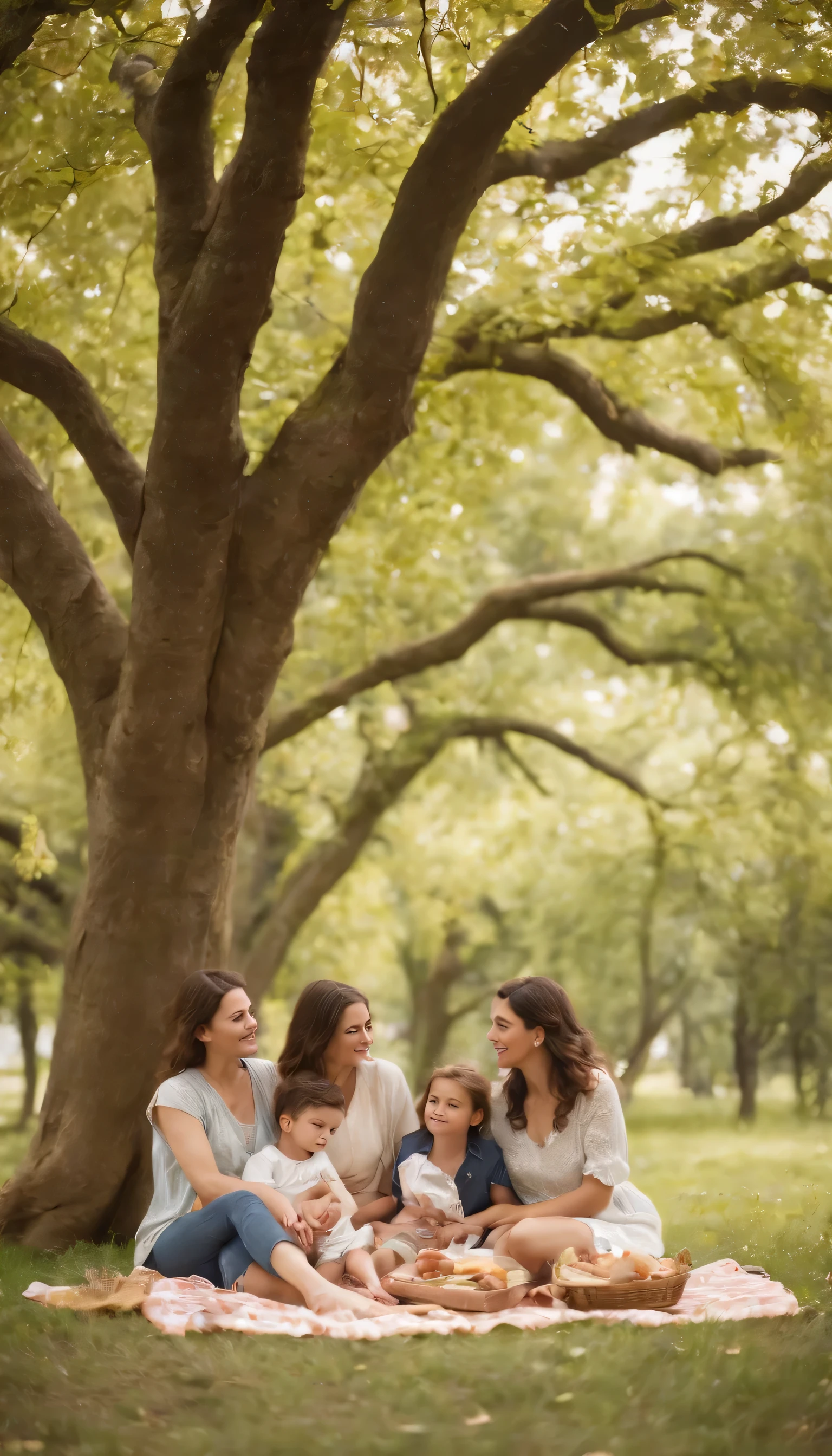 (Highly detailed CG Unity 8K wallpaper、masterpiece、highest quality、Super detailed)、(best lighting、best shadow、very delicate and beautiful)highest quality、8K、Detailed facial depiction、masterpiece、highest quality、clear image quality、Photo of a family having a picnic under an old tree