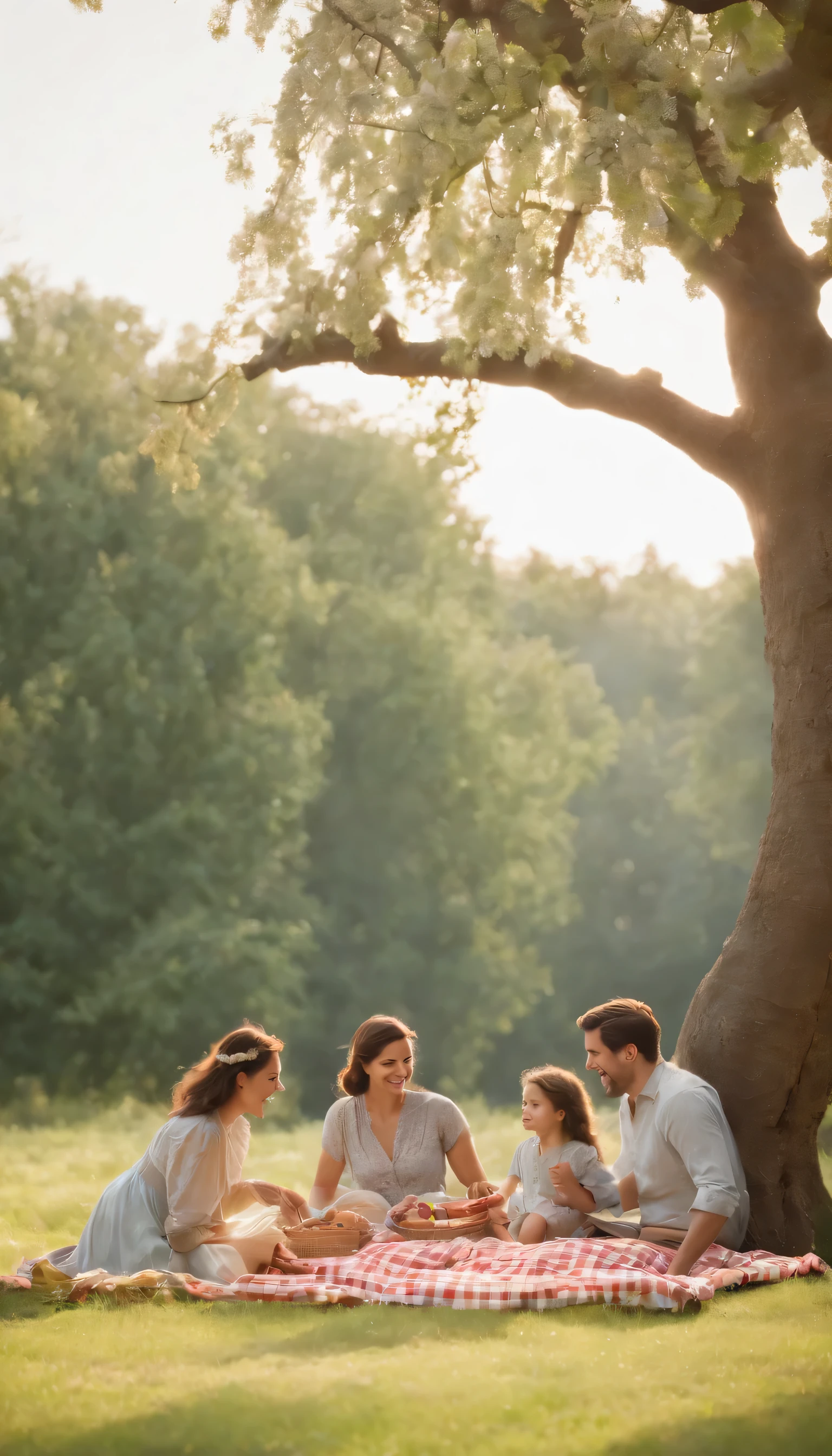 (Highly detailed CG Unity 8K wallpaper、masterpiece、highest quality、Super detailed)、(best lighting、best shadow、very delicate and beautiful)highest quality、8K、Detailed facial depiction、masterpiece、highest quality、clear image quality、Photo of a family having a picnic under an old tree
