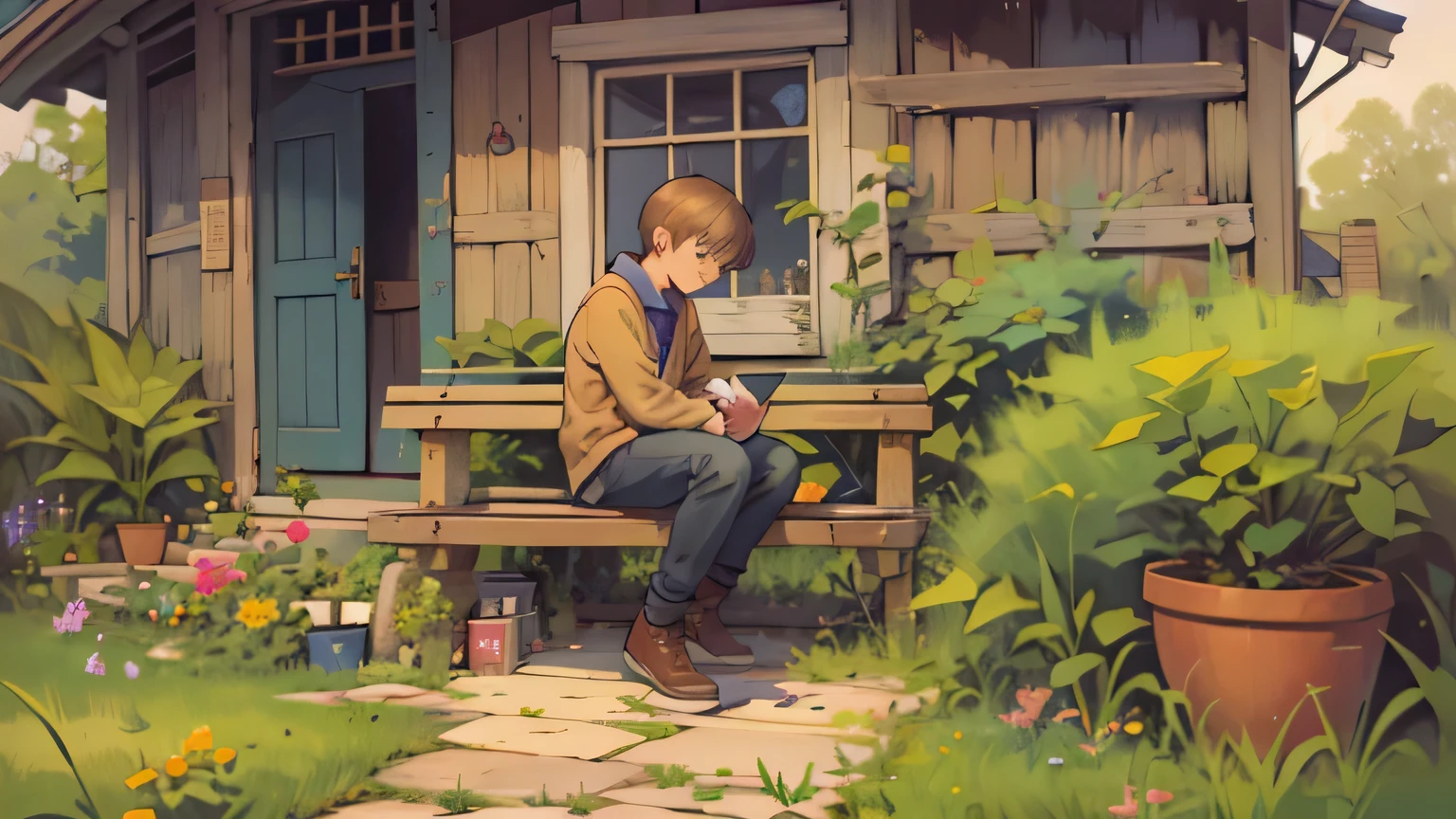 Illustrate a medium shot of 14 years old boy Peter sitting outside his cottage on a wooden bench in front side Garden of his small cottage, hunched over a sketchbook. His face should reflect a tinge of sadness and longing for companionship, capturing the essence of his loneliness --seed 4277120850