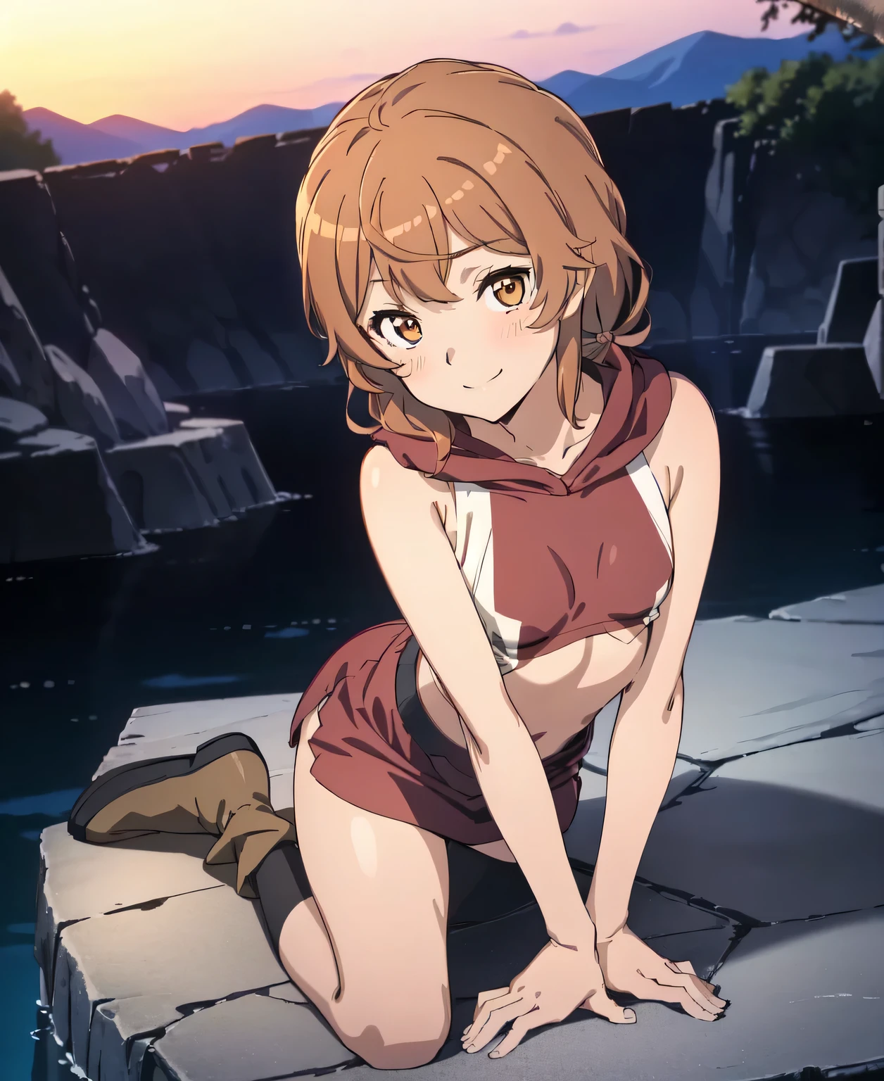 (The beauty of one beautiful girl、Lirilka、18years old、brown-eyed(High resolution eyes、Beautiful eyes、Light in the eyes)、super high precision、hiquality、top-quality、animesque、2D、Brown shorthair、Fine-grained skin、Happy smile、Red cheeks、Red ears、Mischievous、During naughty delusions、Beautiful small breasts)、Close-up representation of a single person、Full body like、Outdoor waterfront、,