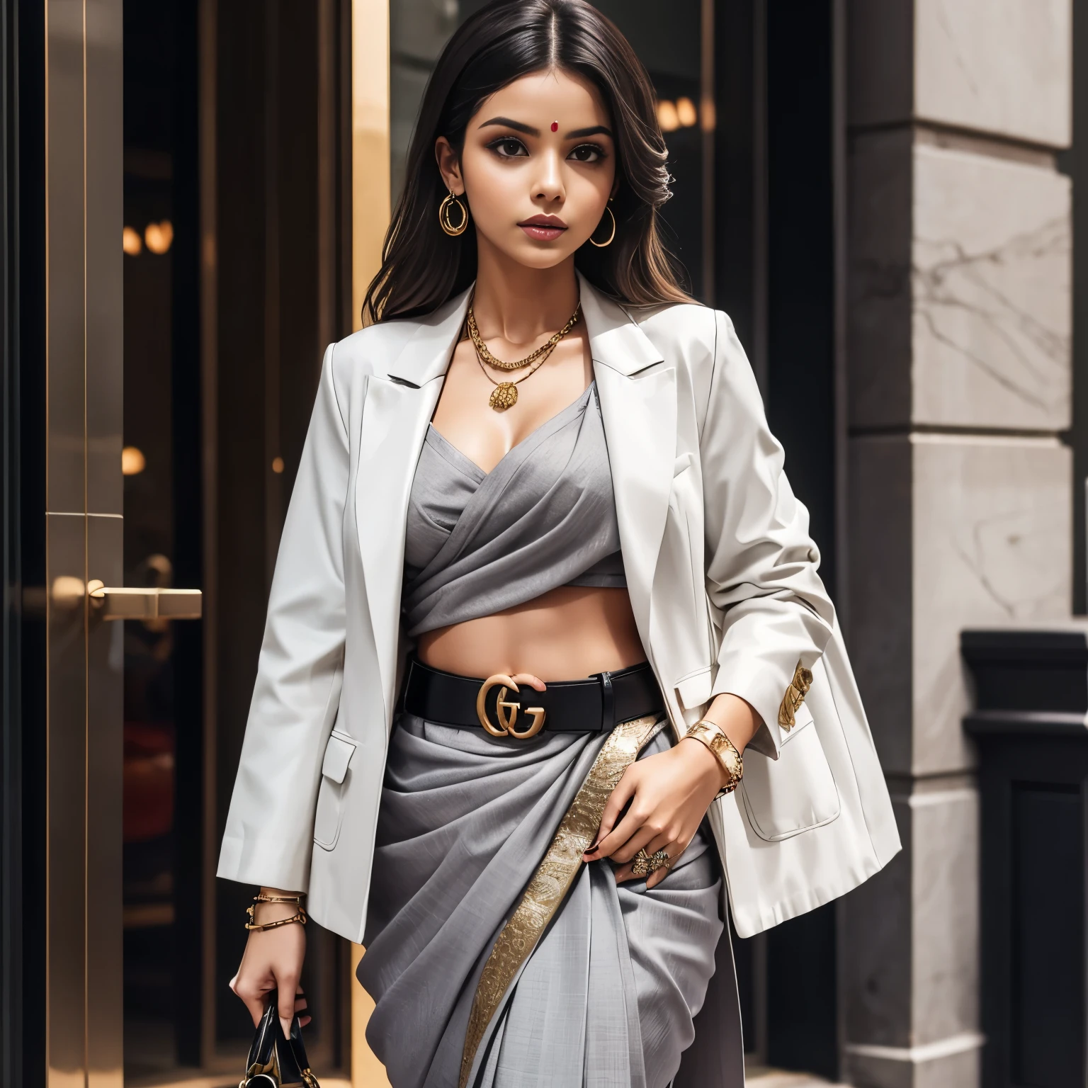 Sexy woman ups her style game as she pairs up a grey saree with a white jacket and a Gucci belt