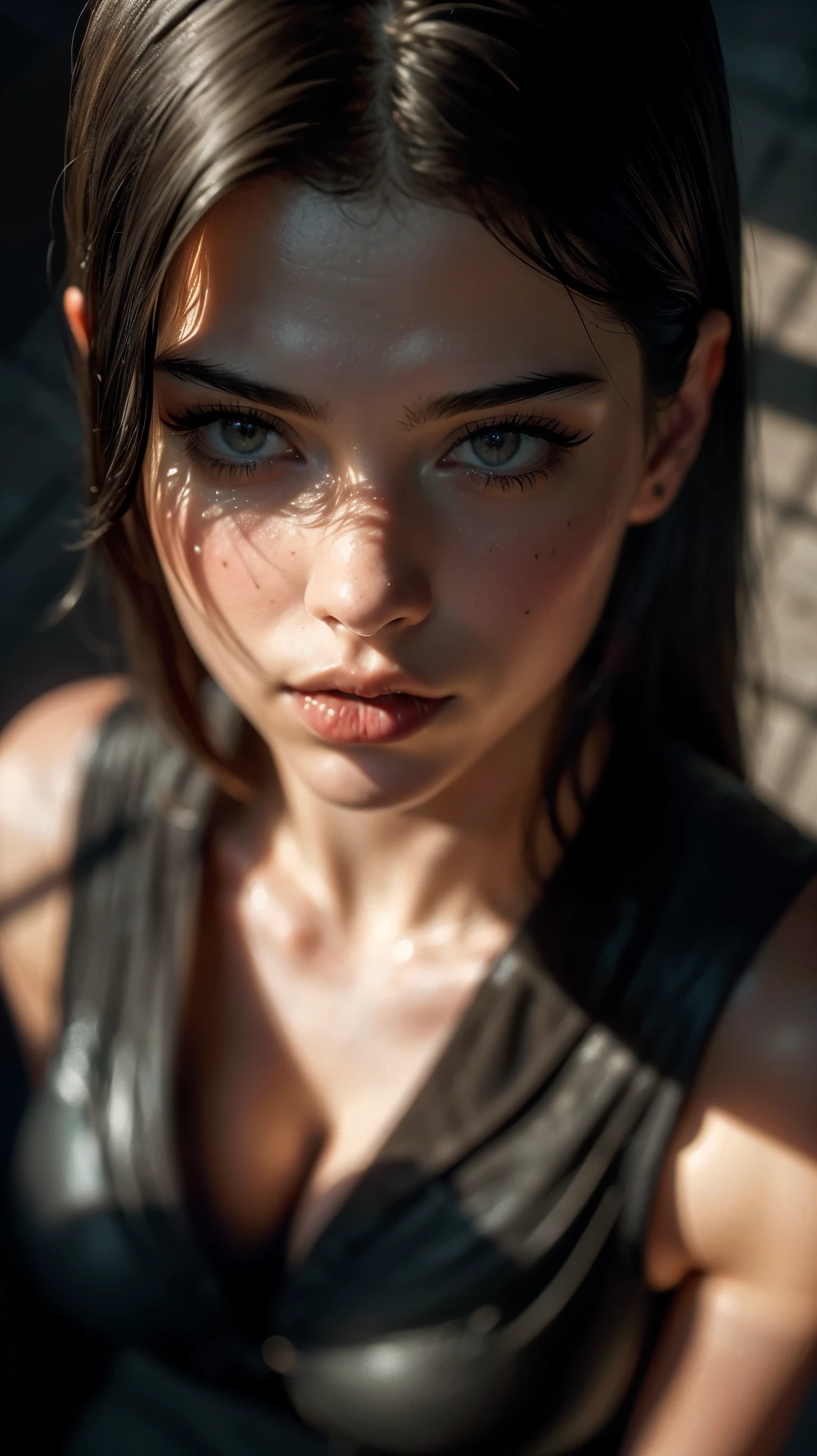 (((ultra realistic))) Photo, masterpiece, top quality, (pale skin), (Ultra detailed face and eyes:1.2), yellow eyes, 1 girl, naked, (Eye makeup, mascara) , (large detailed lips), ((Dark straight hair)), ((Chyolka)) , (Natural breasts). ((Posing)), photoshoot, studio (Contour lighting), (The play of light and shadows), depth of field, bokeh, (special attention to skin detail: 1.2), Detailed leather texture, skin pores. (Dark and gloomy atmosphere of the frame. color scheme - black, Gray, ash tones), ((Film grain, VHS effect)), ((rays)) , ((flare)), ((close to the camera, view from above)) , ultra detialed,